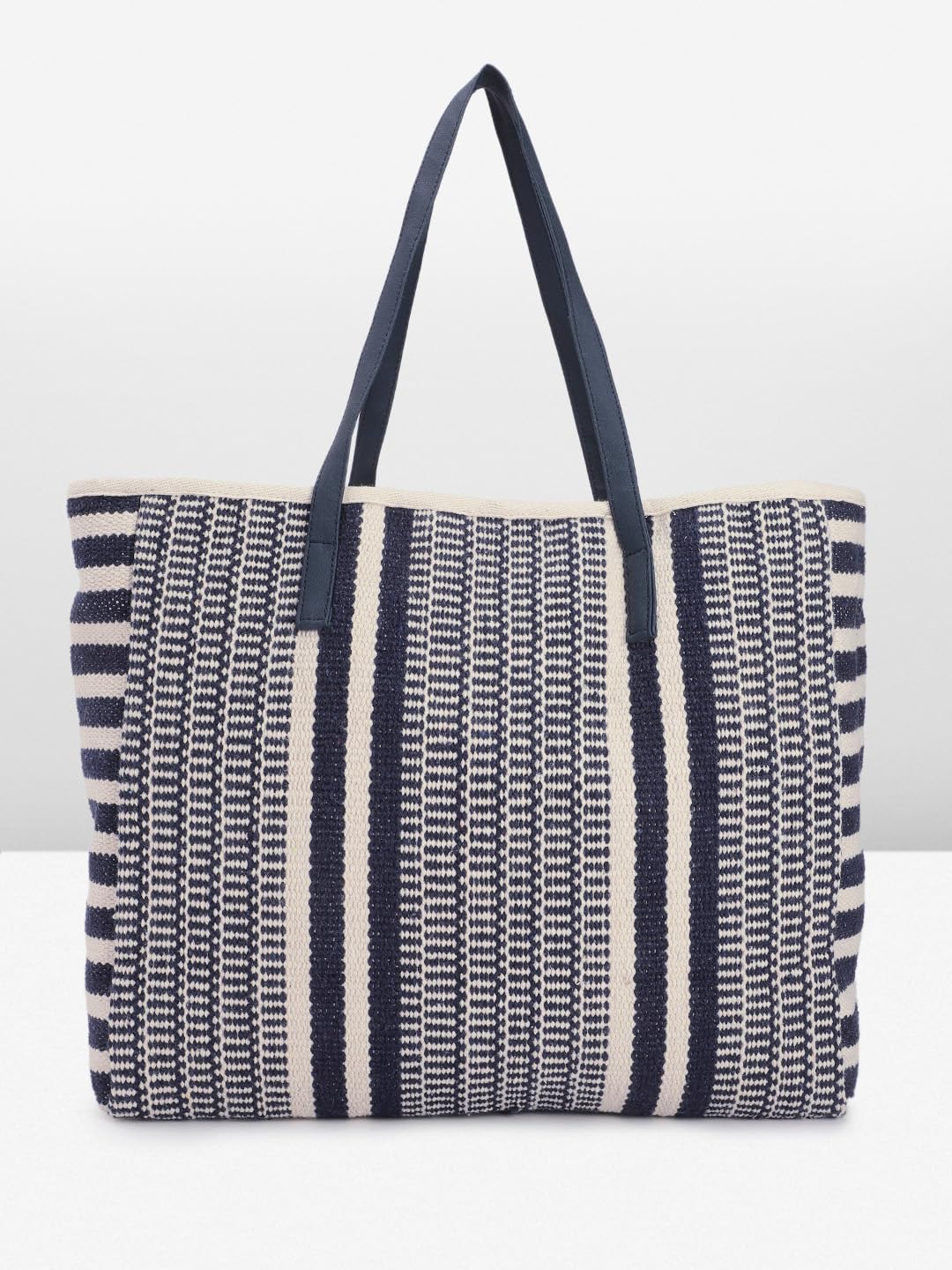 PRIMROSE Printed Canvas Tote Bag Navy Blue and White Striped Pattern