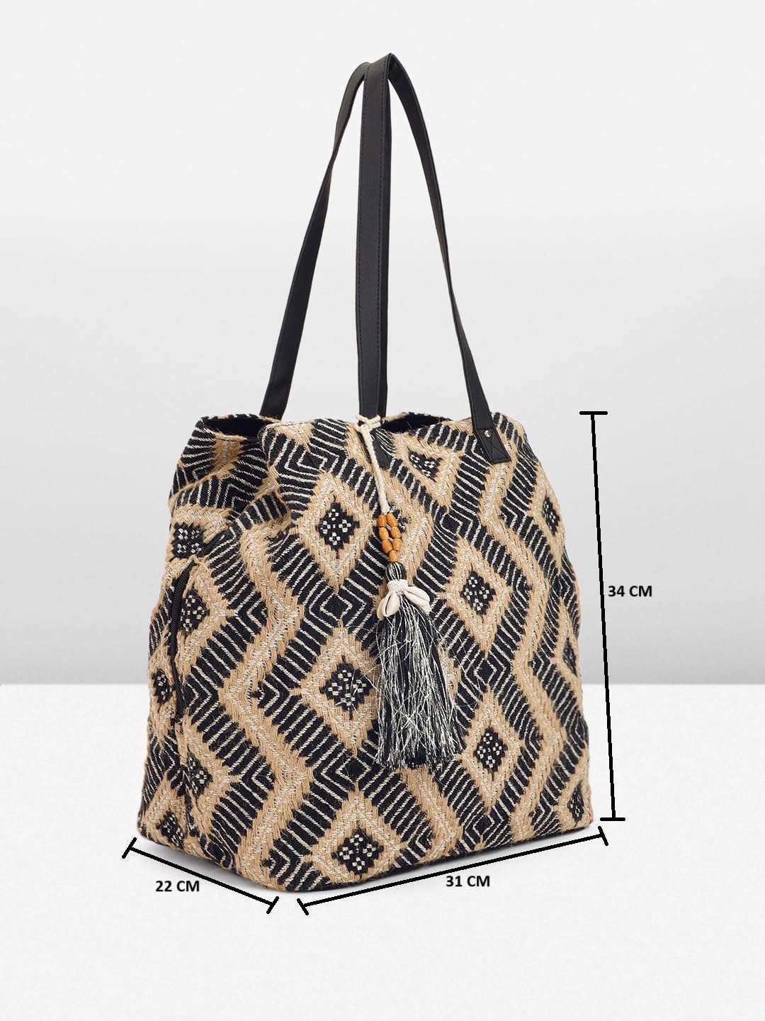 PRIMROSE Ethnic Tote Bag with Diamond Pattern Black and Beige