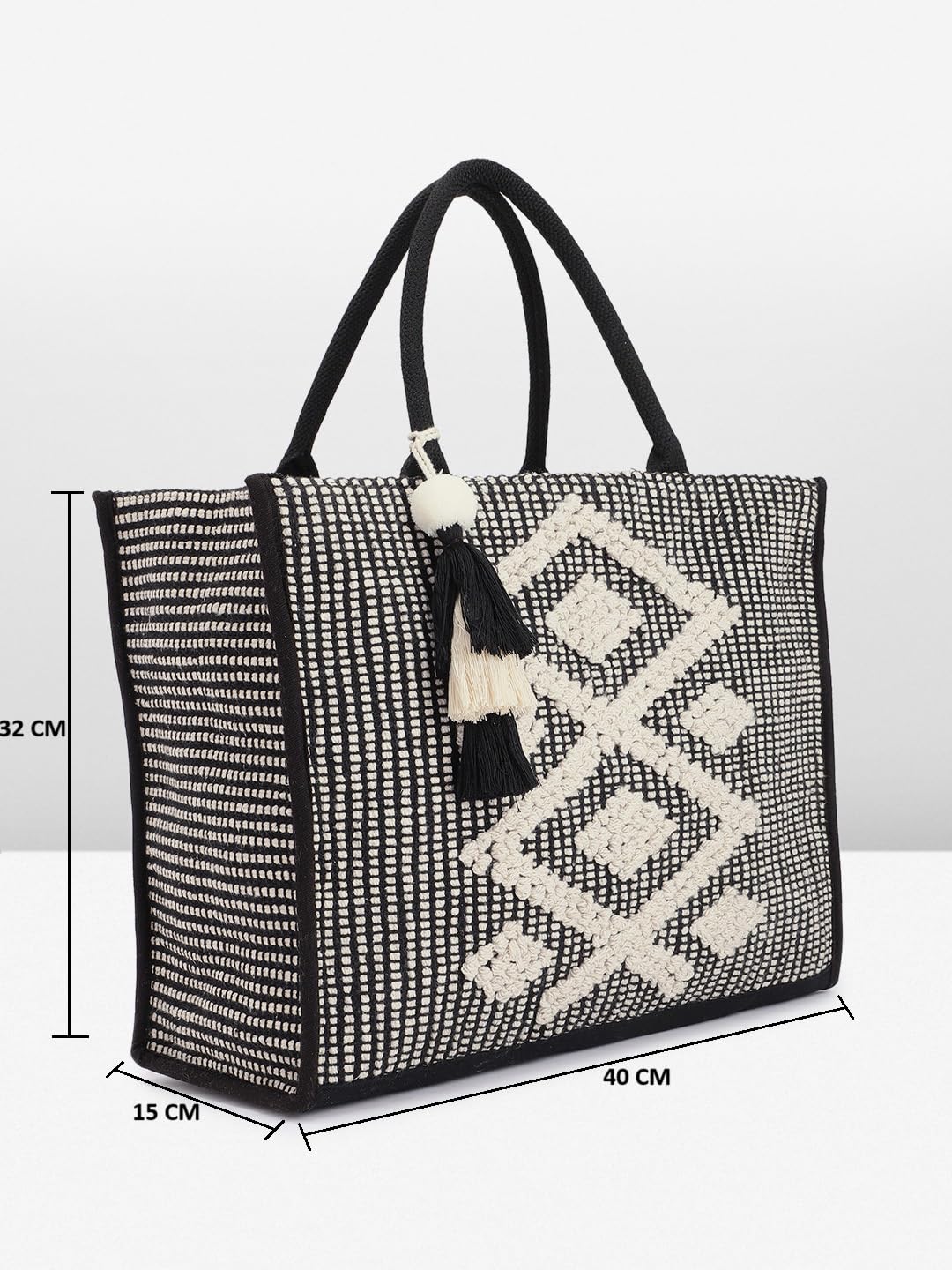 PRIMROSE Handmade Black and White Crochet Tote Bag with Tassels