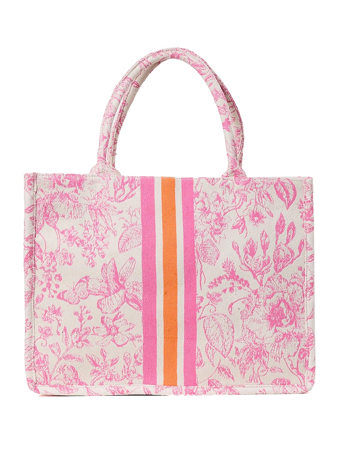 PRIMROSE Women's Floral Print Tote Bag with Pink and Orange Stripes, Cotton