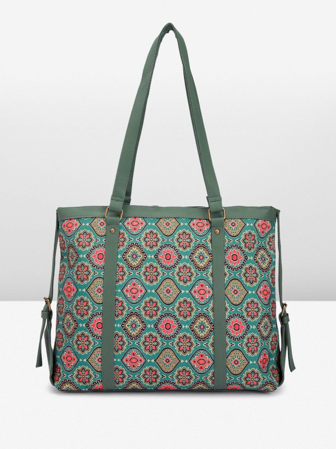 PRIMROSE Sea Green Ethnic Motifs Printed Oversized Shopper Shoulder Bag