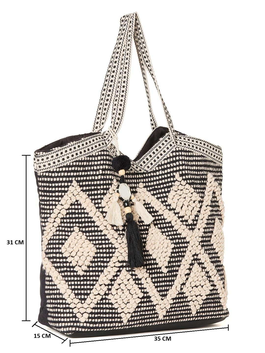 PRIMROSE Woven Crochet Tote Bag with Tassel and Bead Accents, Black and Beige