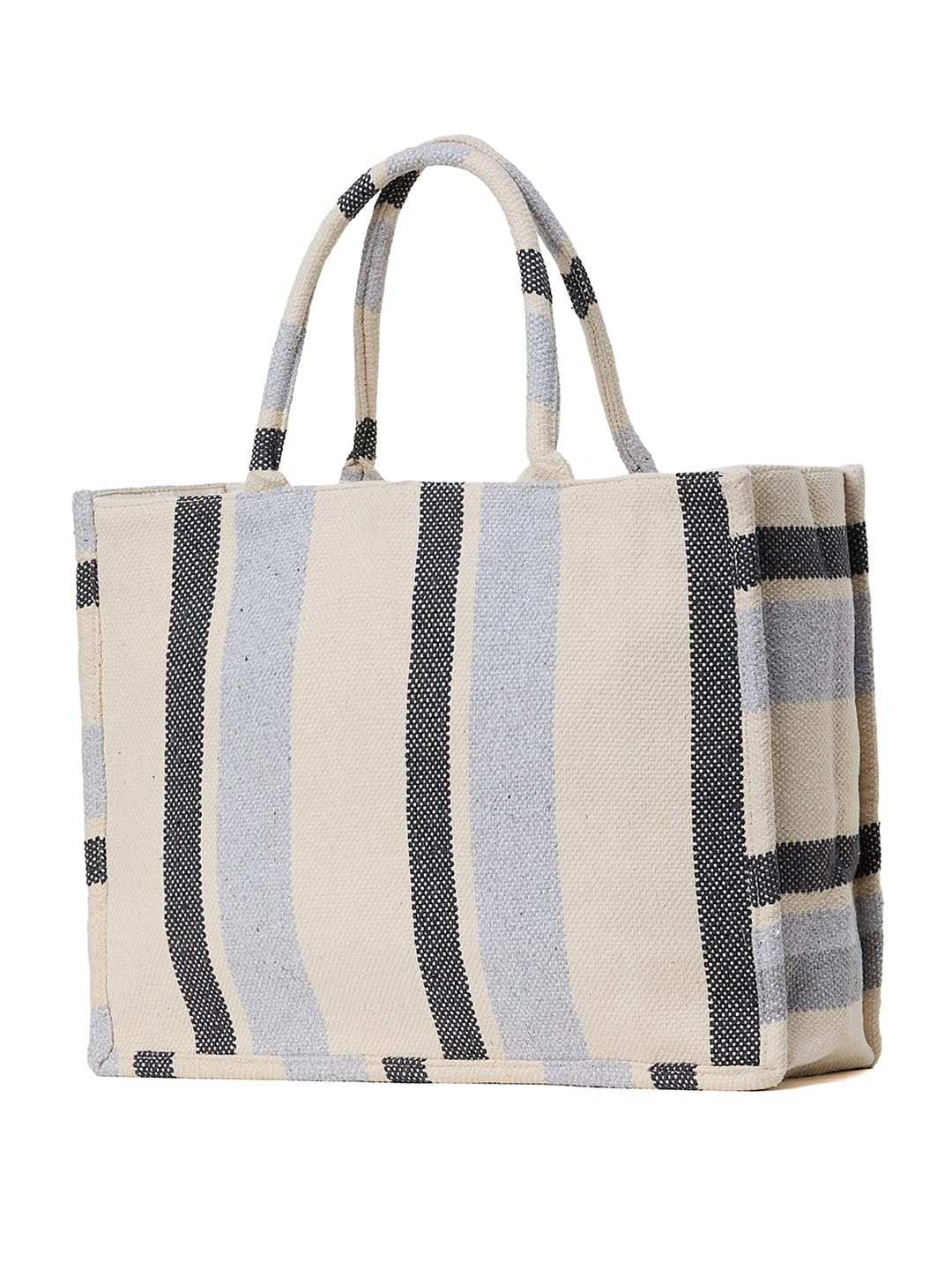 PRIMROSE Striped Canvas Tote Bag for Women, Black and Beige