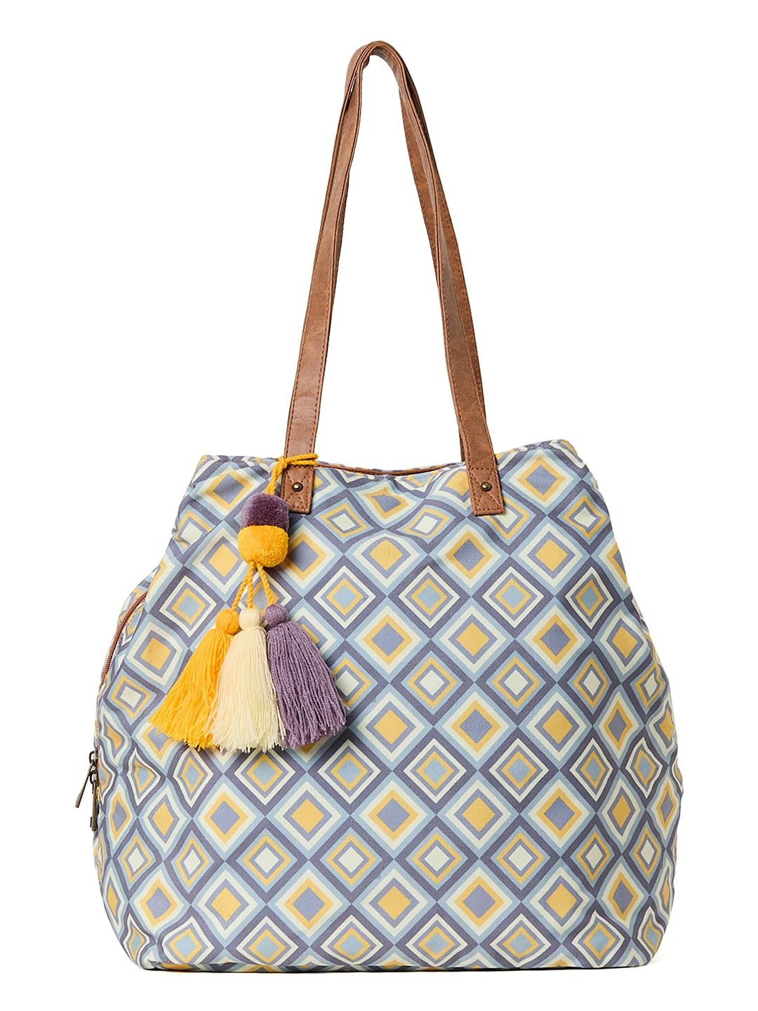 PRIMROSE Geometric Print Tote Bag For Women, Multicolour, with Tassels