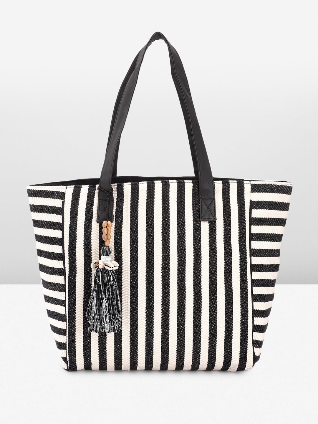 PRIMROSE Women's Black and White Striped Tote Bag with Tassel Accents