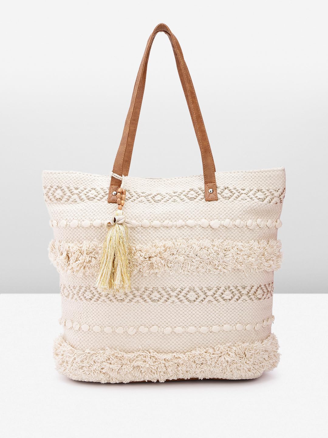 PRIMROSE Handcrafted Beige Woven Tote Bag with Tassel Accent