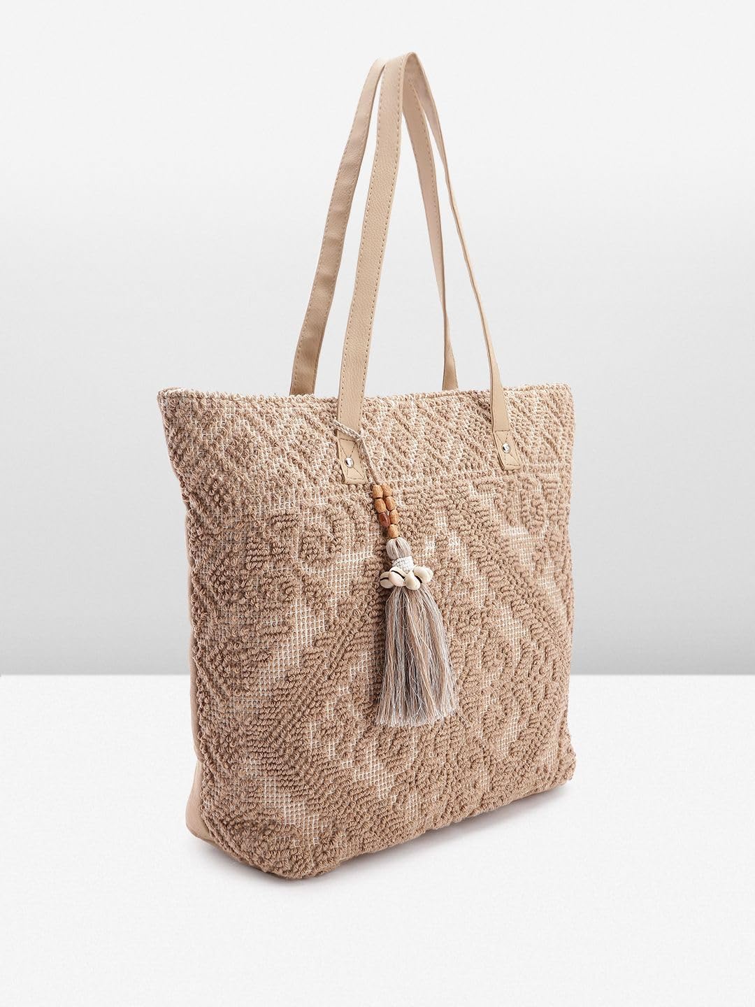 PRIMROSE Beige Woven Tote Bag with Tassels for Women