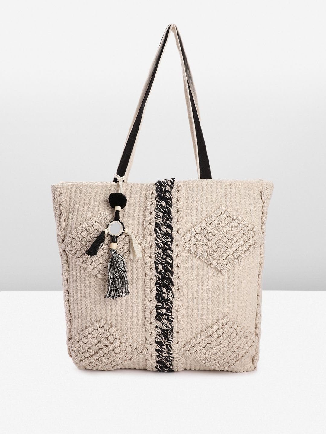 PRIMROSE Handcrafted Beige Cable Knit Tote Bag with Tassels and Scarf Accent