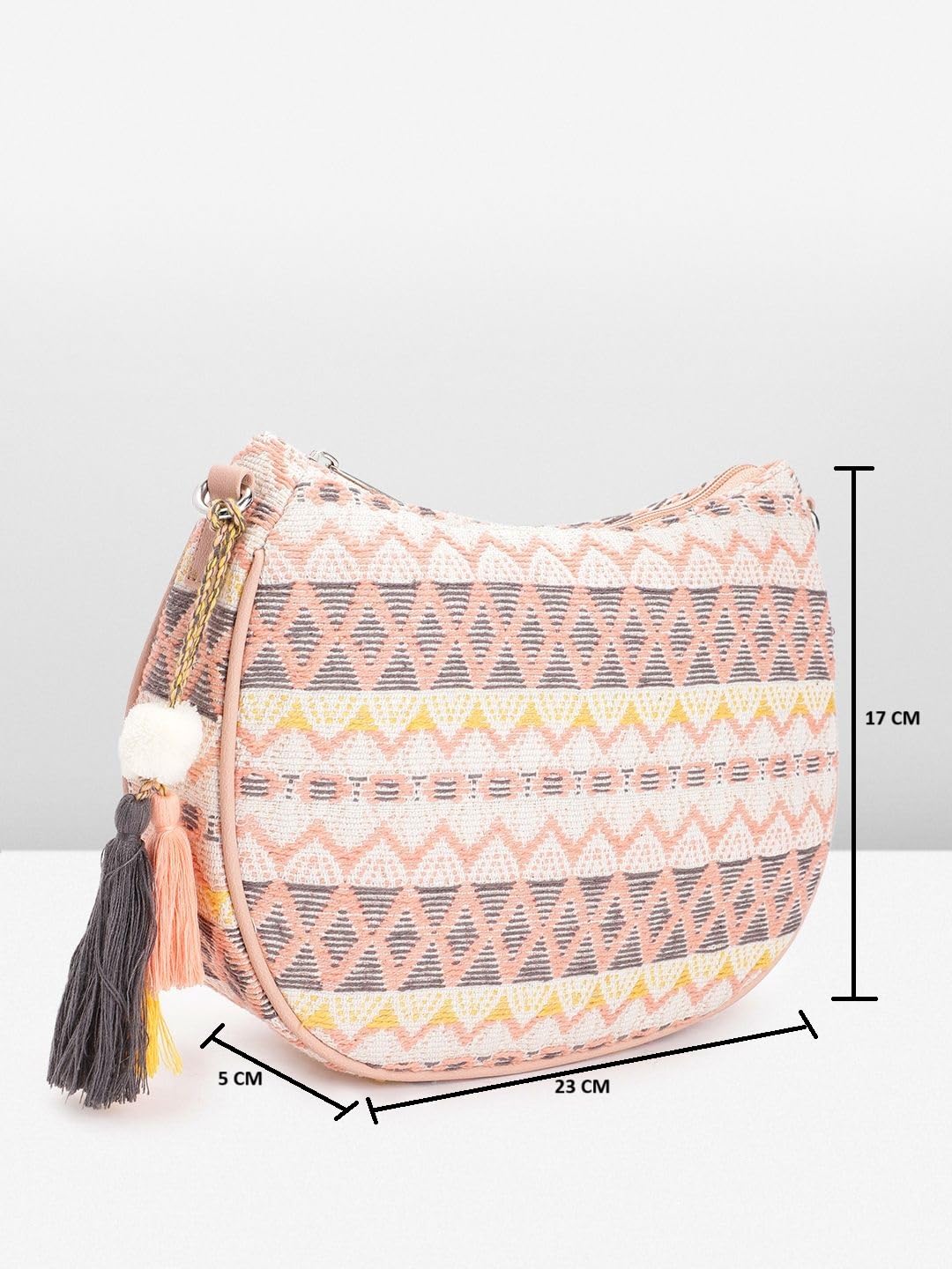 PRIMROSE Boho Shoulder Bag for Women Cotton Canvas Geometric Print Tassel Accent Peach