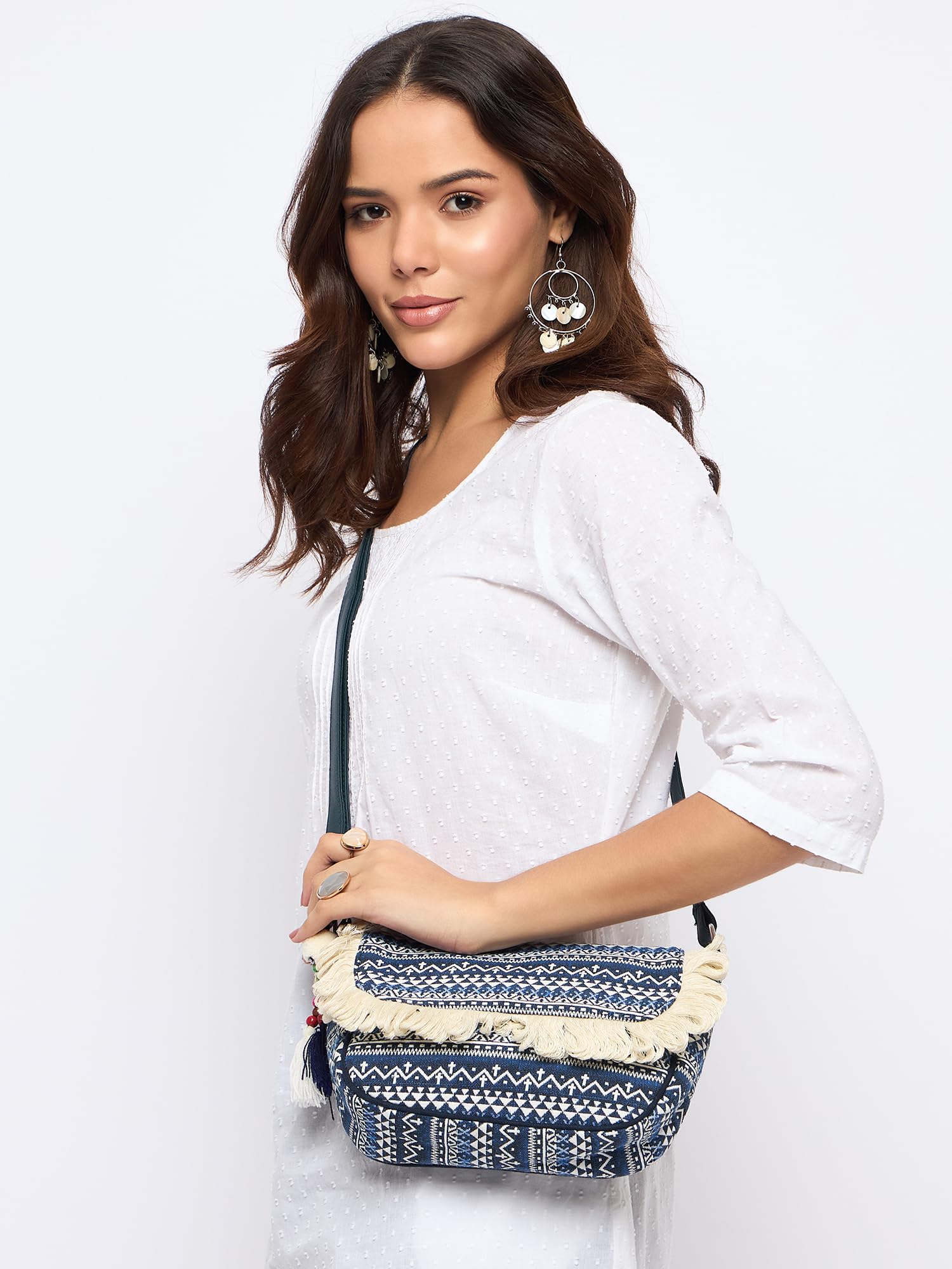 PRIMROSE Boho Fringe Crossbody Bag, Aztec Print, Navy Blue and White