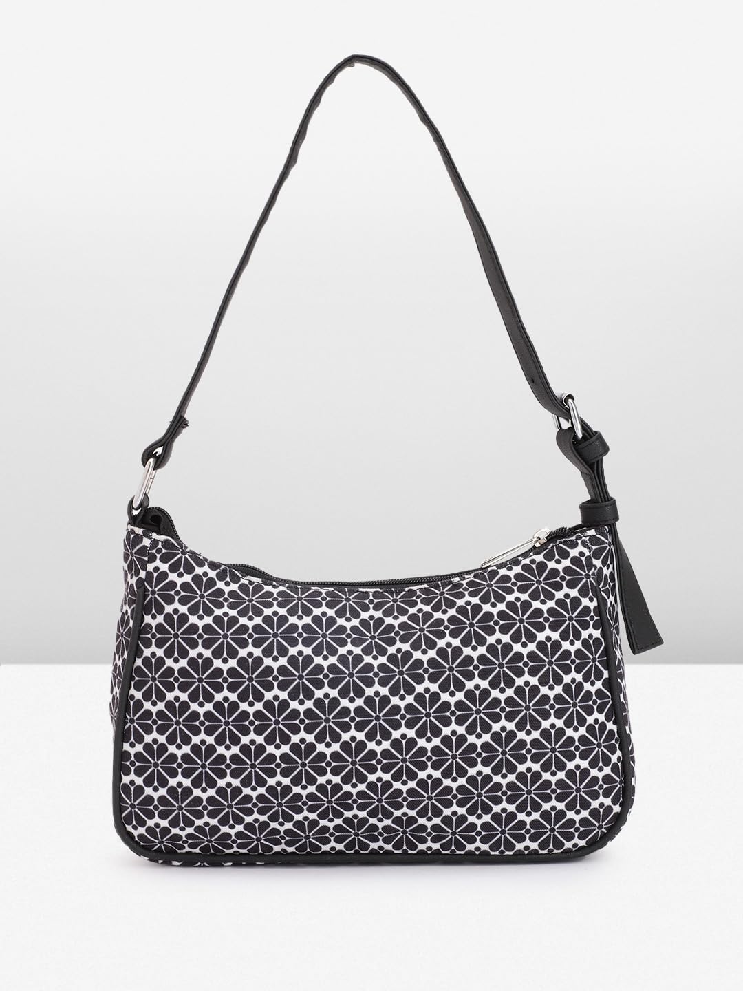 PRIMROSE Black and White Geometric Patterned Shoulder Bag for Women