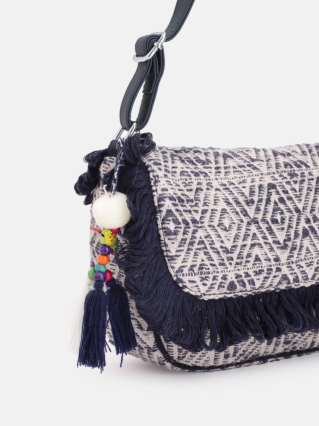 PRIMROSE Geometric Textured Half Moon Sling Bag with Fringed