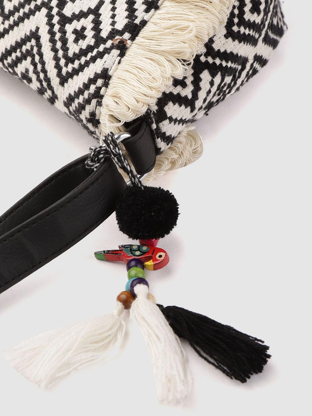 PRIMROSE Fringed Boho Crossbody Bag with Tassels Black and White Diamond Pattern