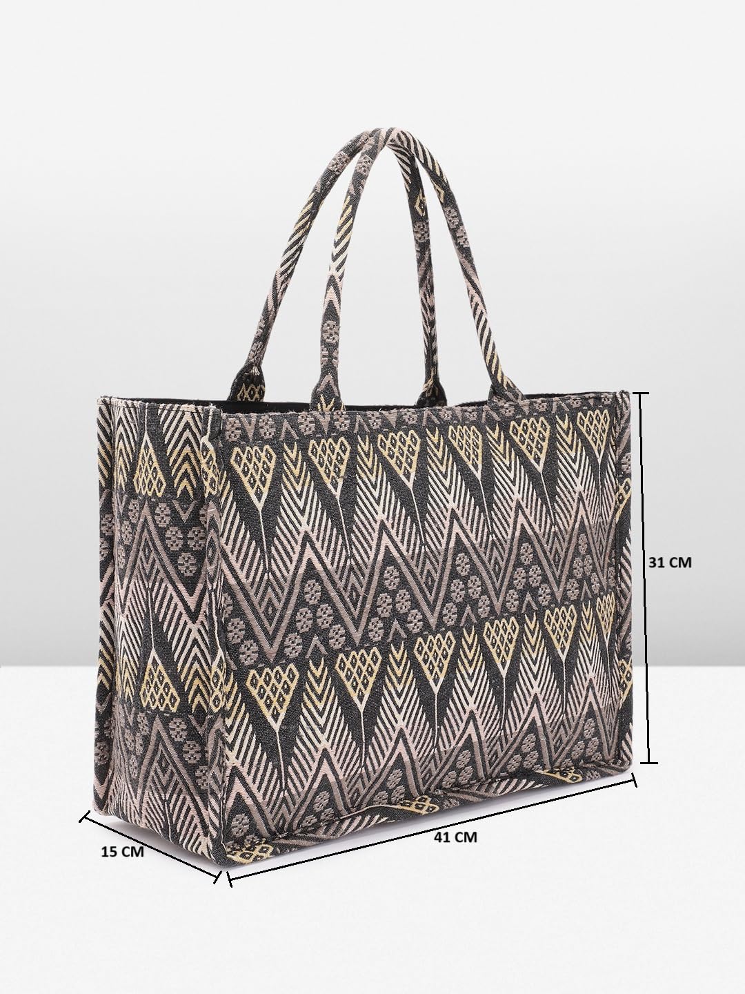 PRIMROSE Geometric Diamond Pattern Tote Bag Black and Beige