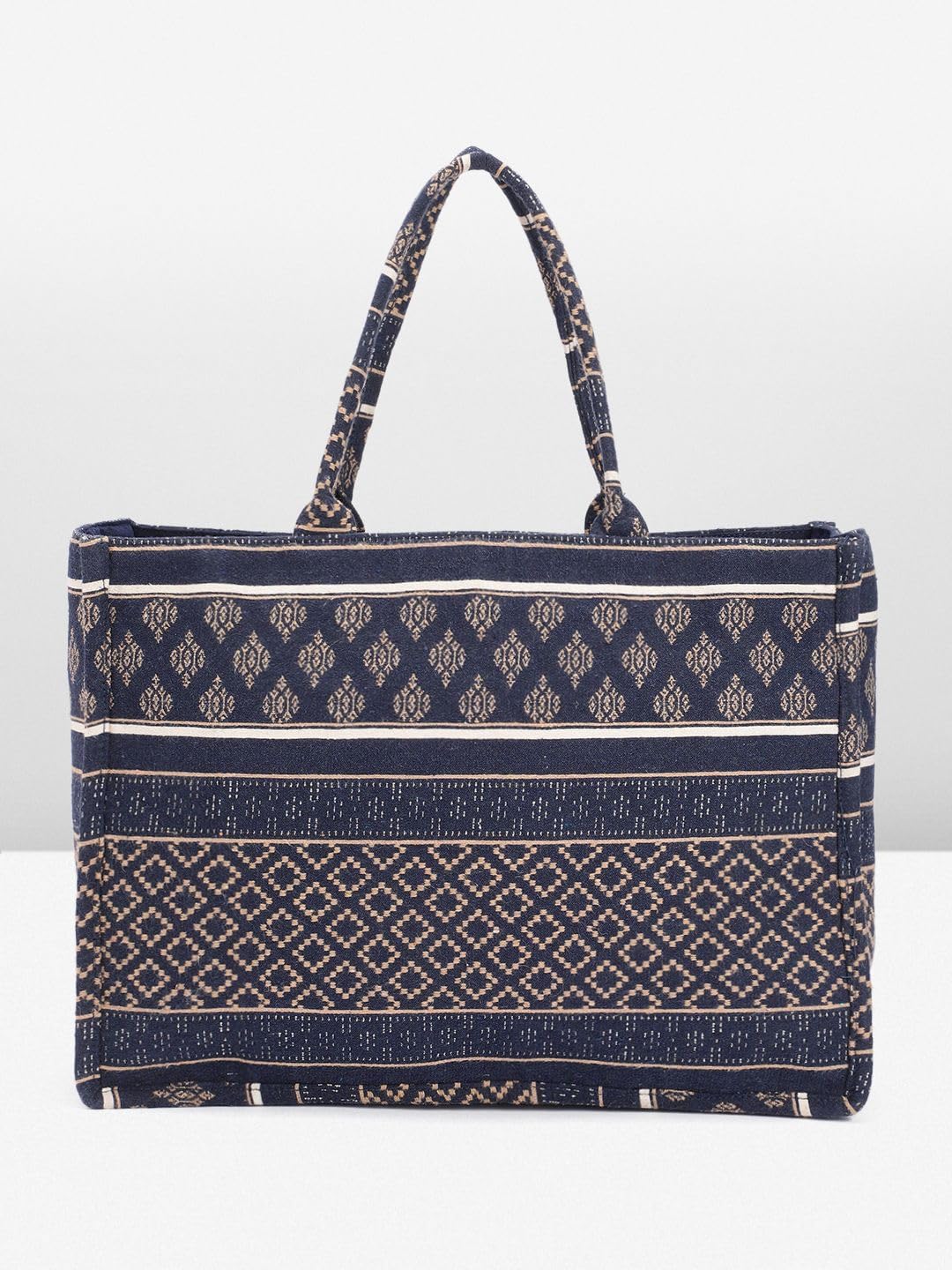 PRIMROSE Ethnic Printed Cotton Tote Bag with Patterned Stripes, Beige and Navy Blue