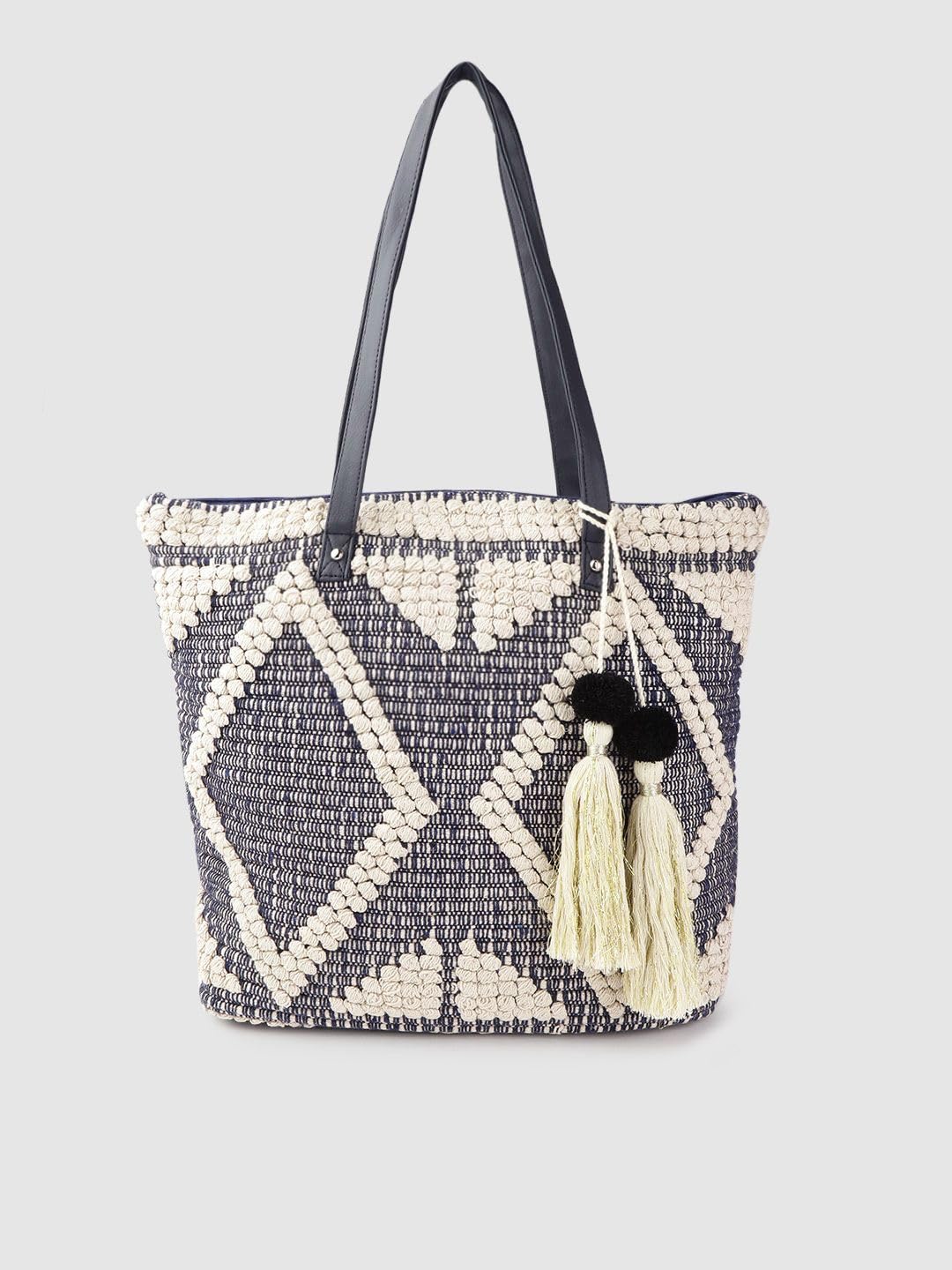 PRIMROSE Women Navy Blue & Off-White Woven Design Shoulder Bag with Tasselled Detail