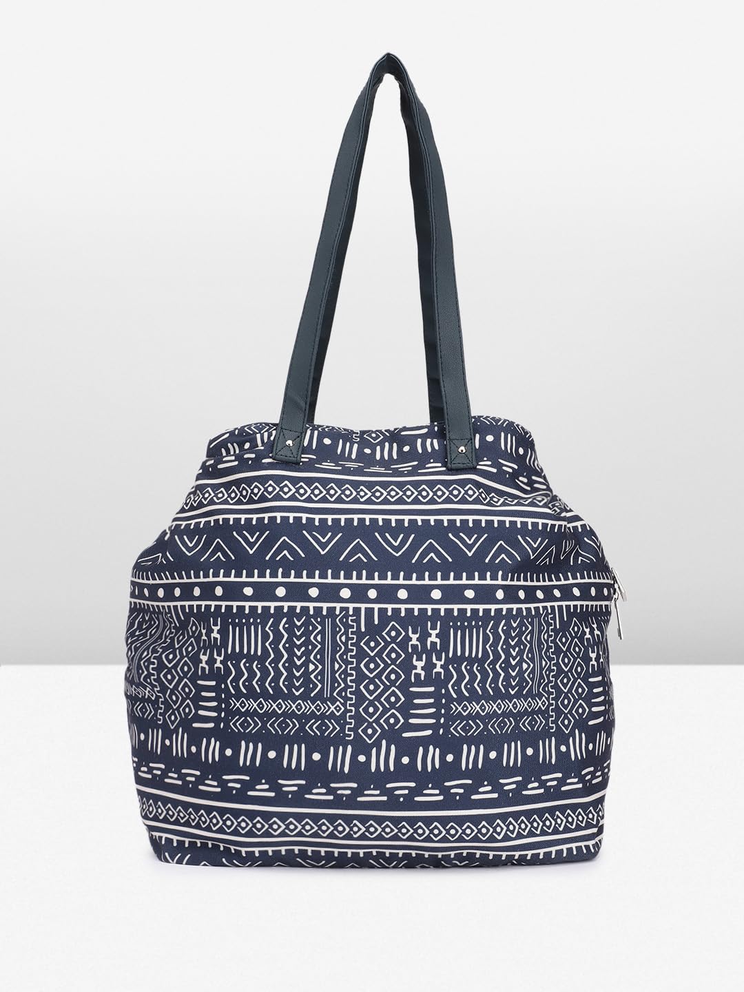 PRIMROSE Printed Tote Bag with Tassel Accent Navy Blue and White Tribal Pattern