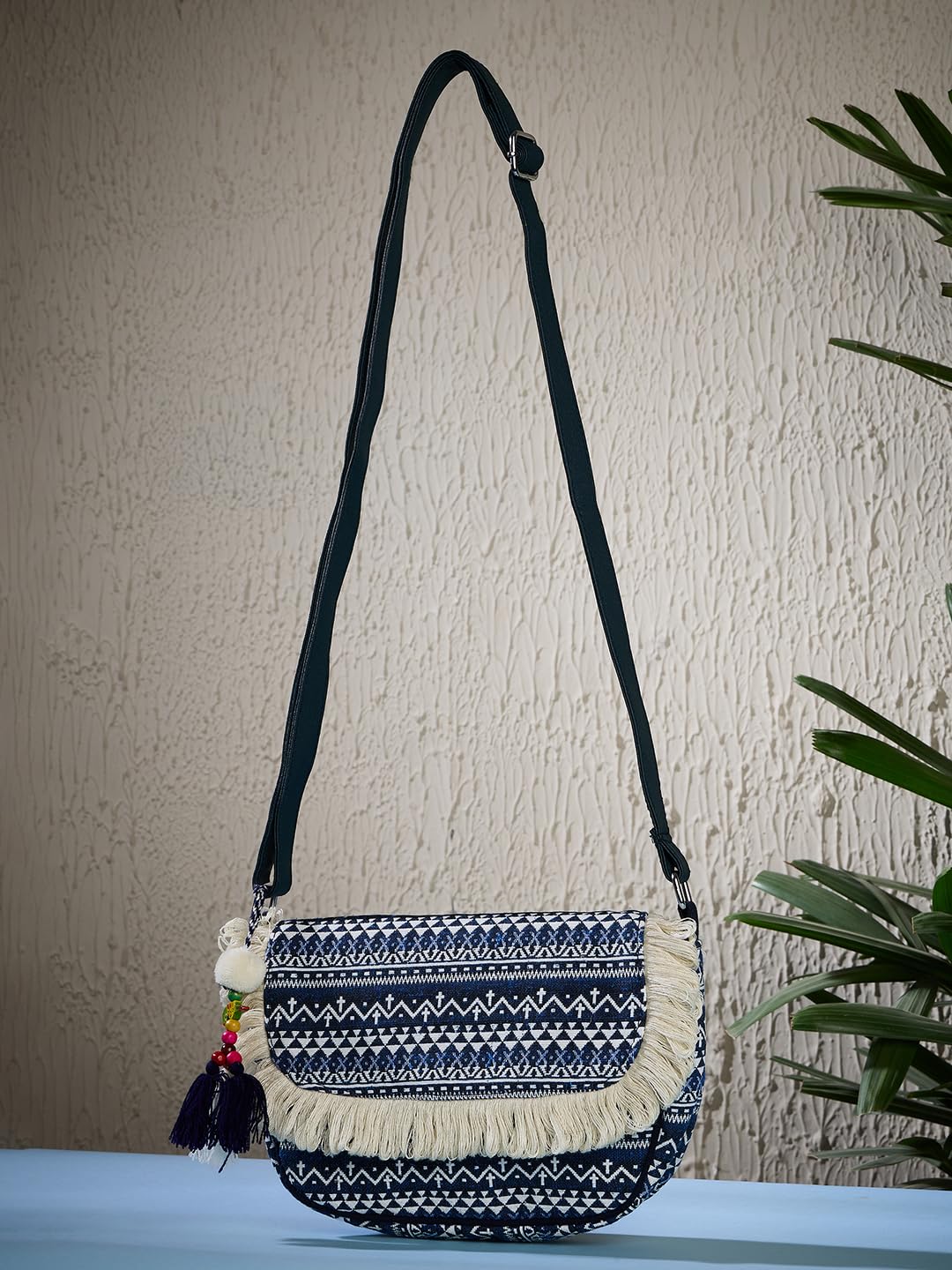 PRIMROSE Boho Fringe Crossbody Bag, Aztec Print, Navy Blue and White