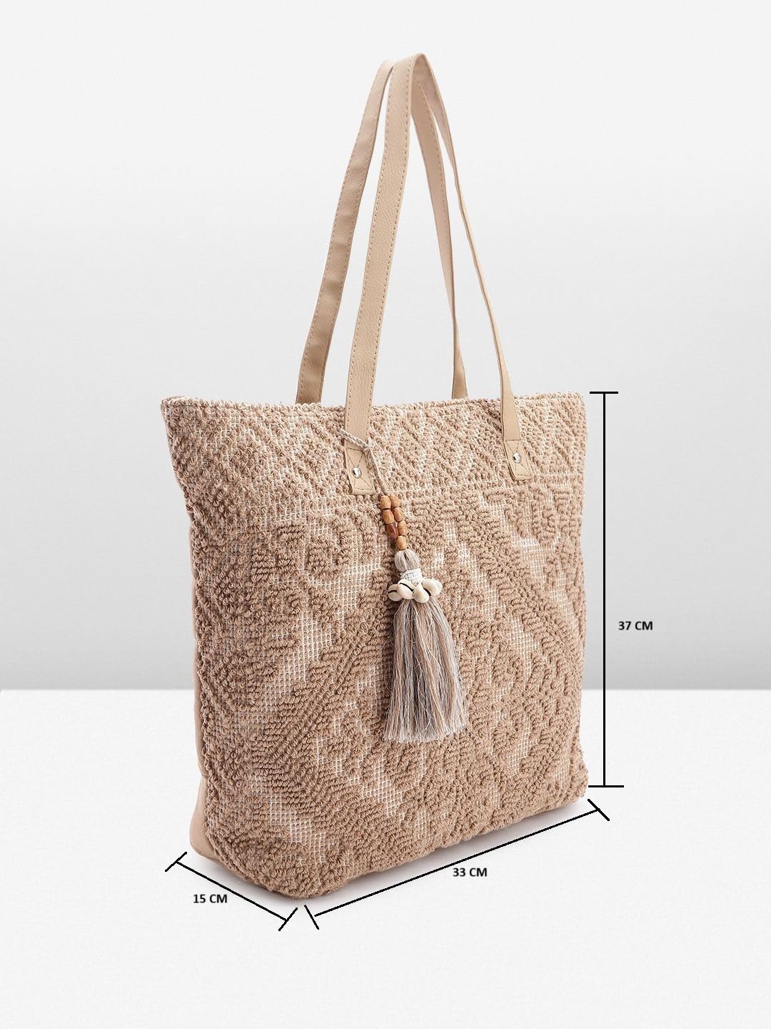 PRIMROSE Beige Woven Tote Bag with Tassels for Women