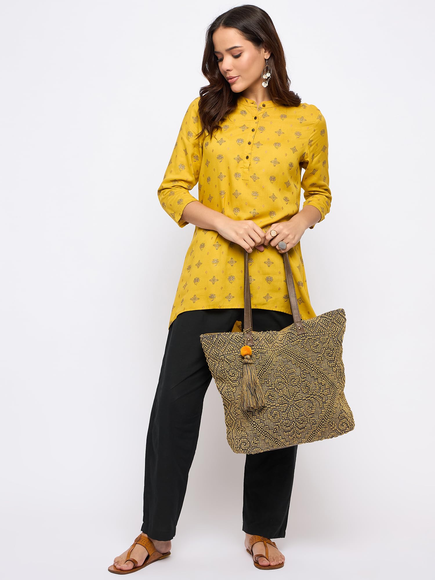 PRIMROSE Women Beige & Grey Woven Design Shoulder Bag with Tasselled Detail