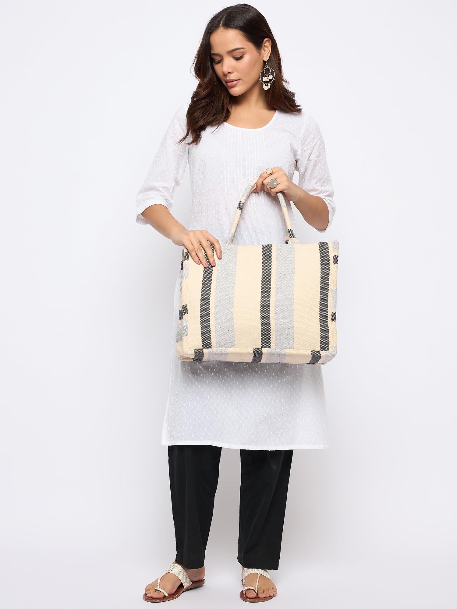 PRIMROSE Striped Canvas Tote Bag for Women, Black and Beige