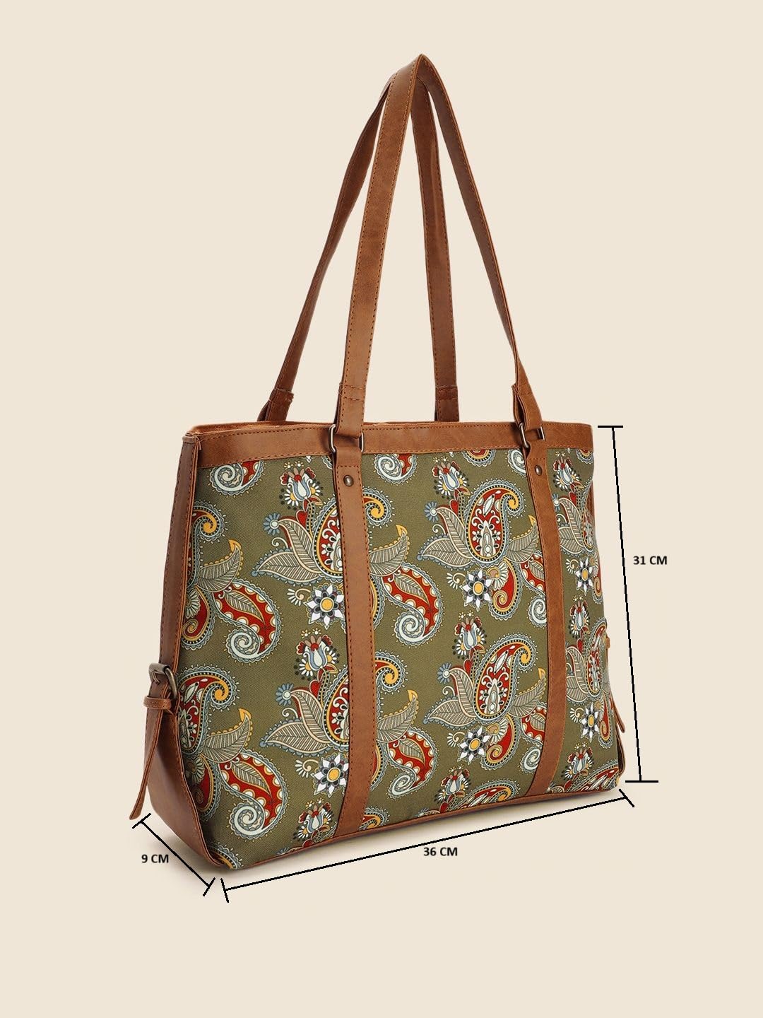 PRIMROSE Stylish Handbag with Ethnic Paisley Print 31 cm x 36 cm Green and Brown