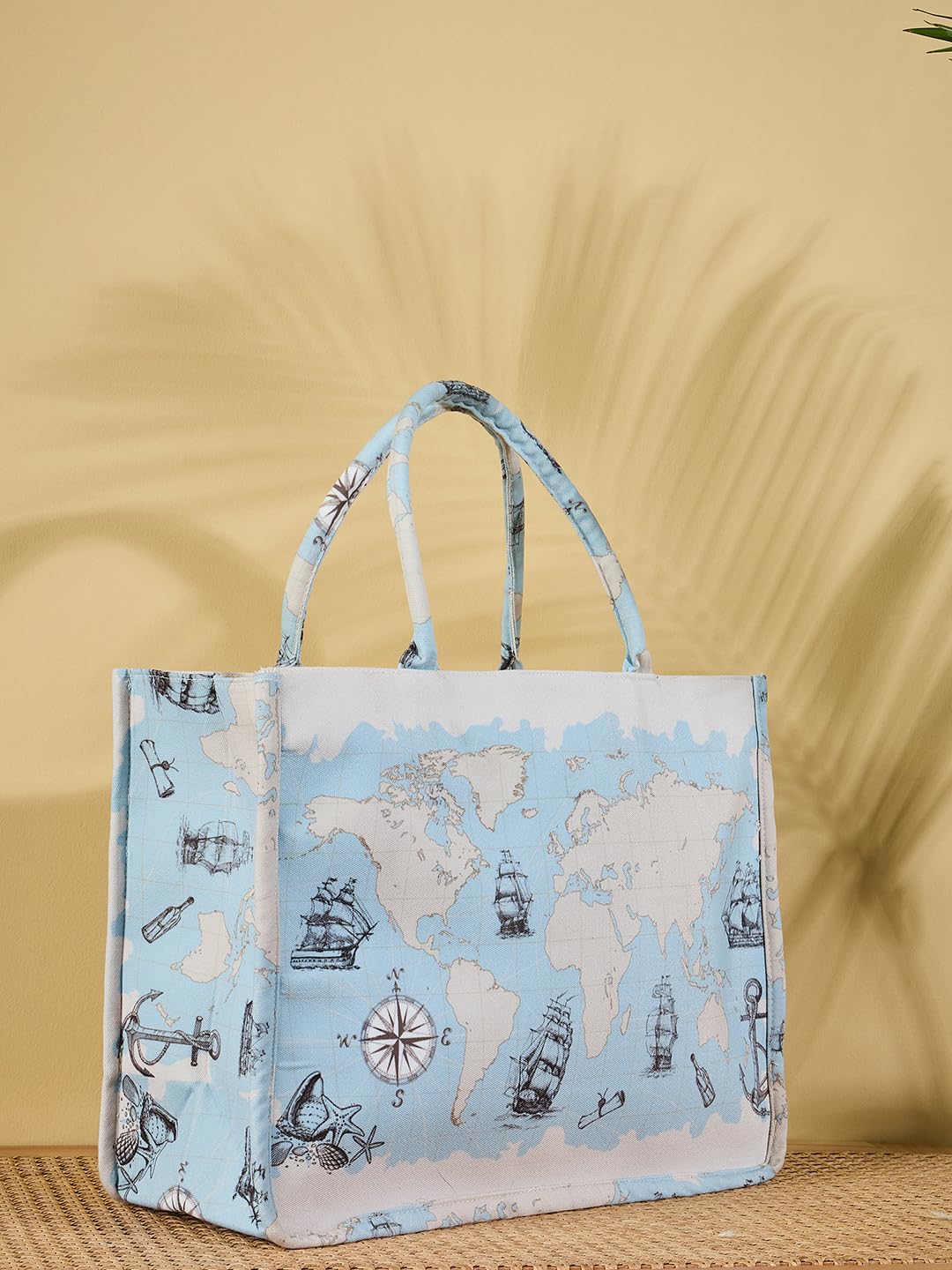 PRIMROSE World Map Print Tote Bag with Nautical Elements, Blue and White