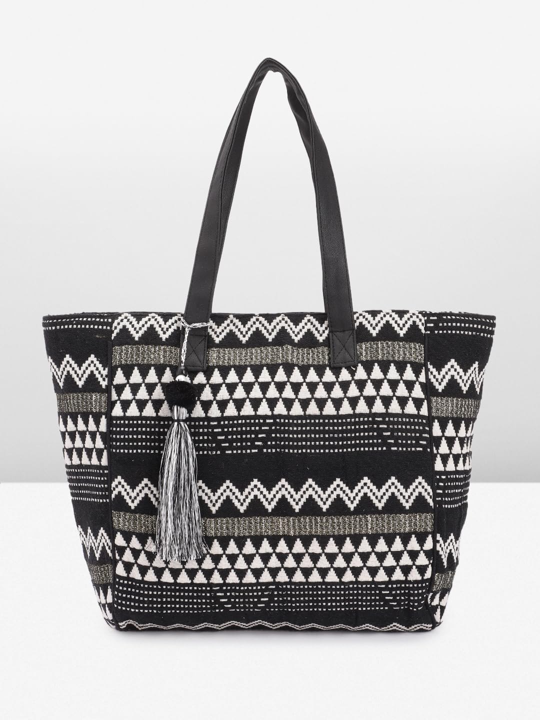 PRIMROSE Bohemian Style Tote Bag with Geometric Patterns, Black and White