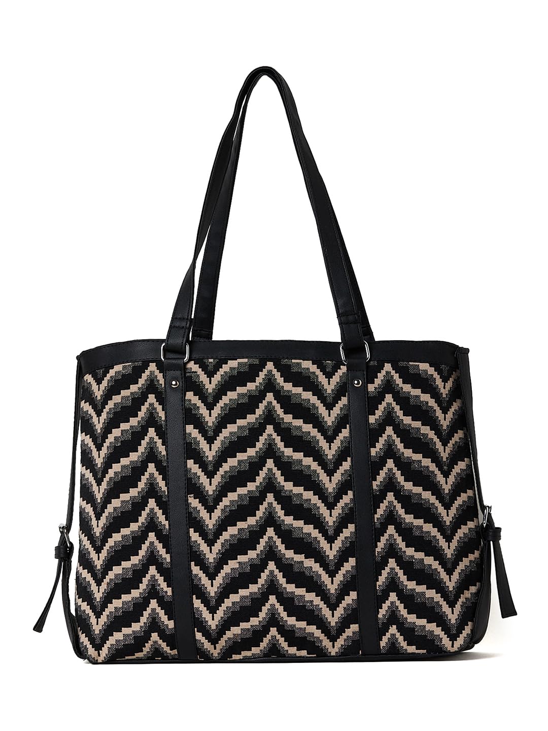 PRIMROSE Chevron Pattern Tote Bag for Women, Black and Beige