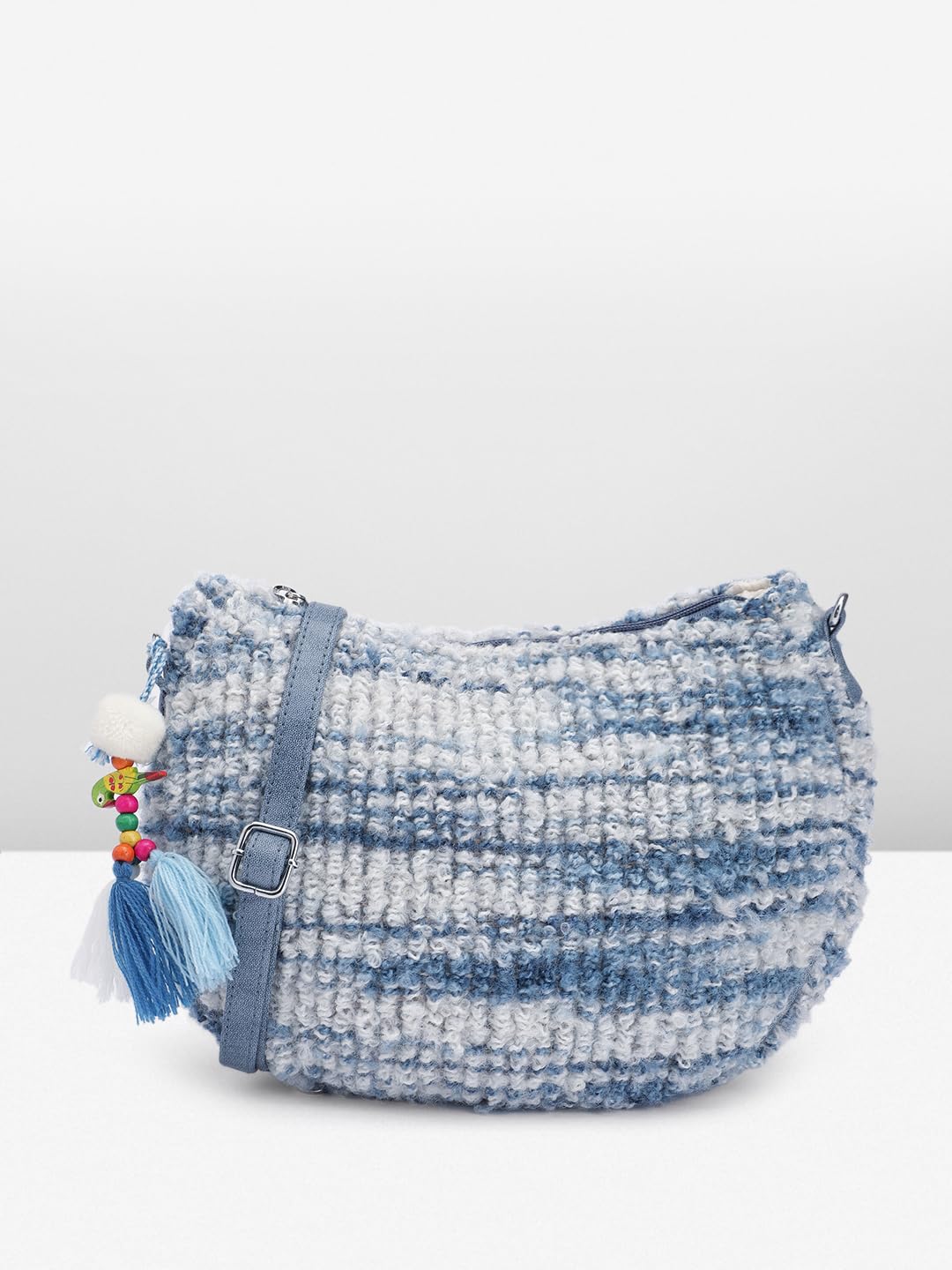 PRIMROSE Handmade Crochet Shoulder Bag with Tassel and Beads Blue and White