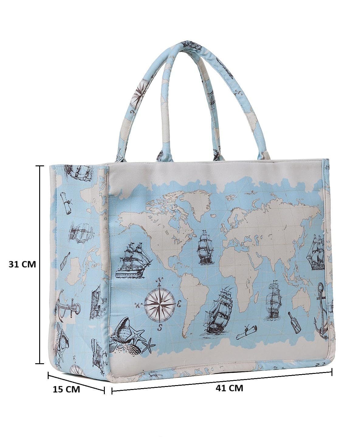 PRIMROSE World Map Print Tote Bag with Nautical Elements, Blue and White