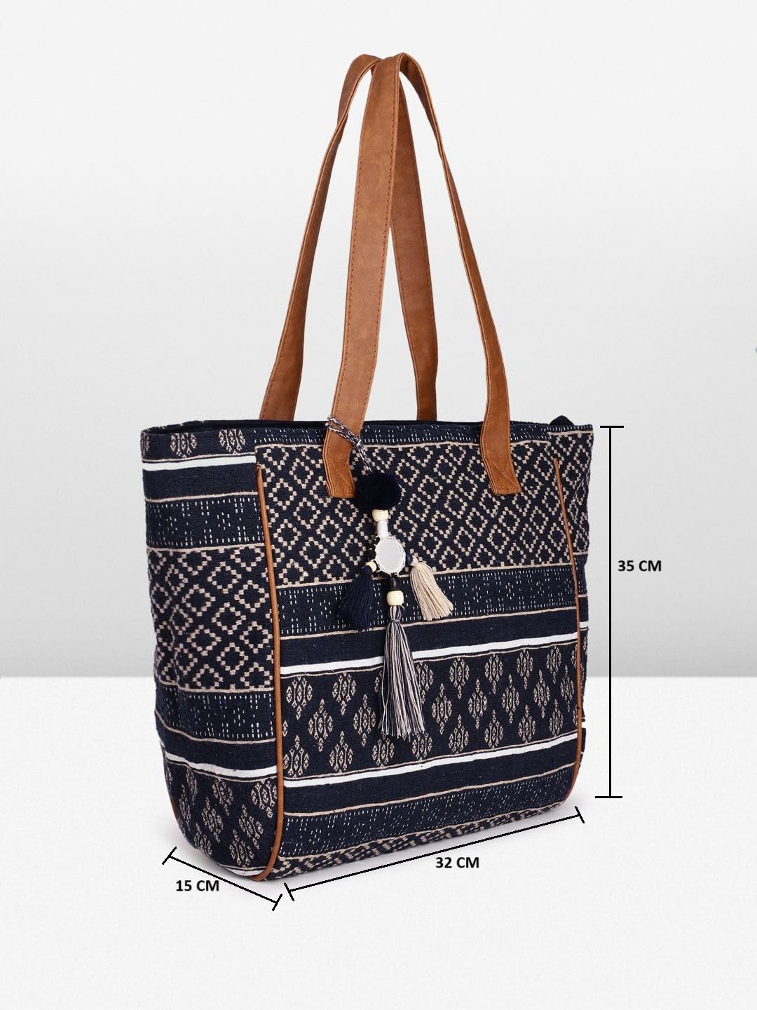 PRIMROSE Ethnic Motifs Textured Shopper Tote Bag with Tasselled Detail