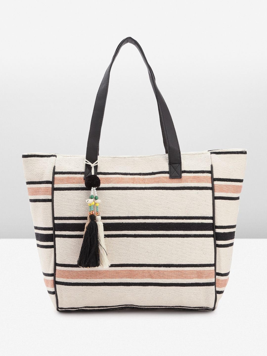 PRIMROSE Striped Canvas Tote Bag with Tassel Beige Black and Peach