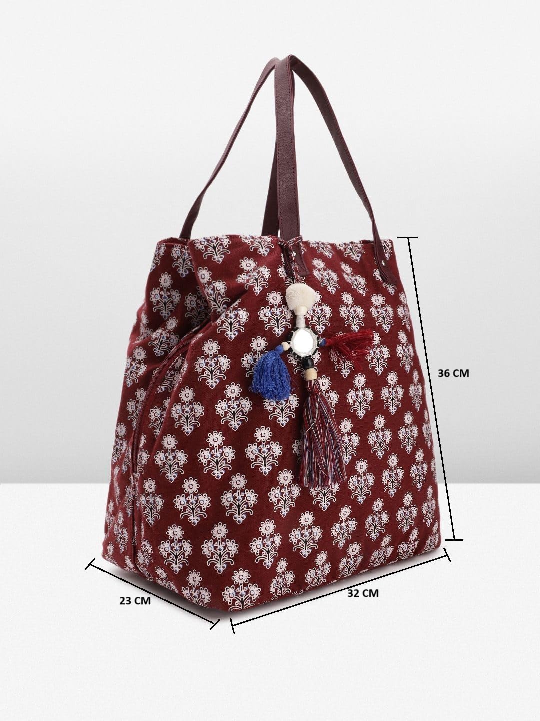 PRIMROSE Women's Burgundy Tote Bag with Floral Print Tassel Accent