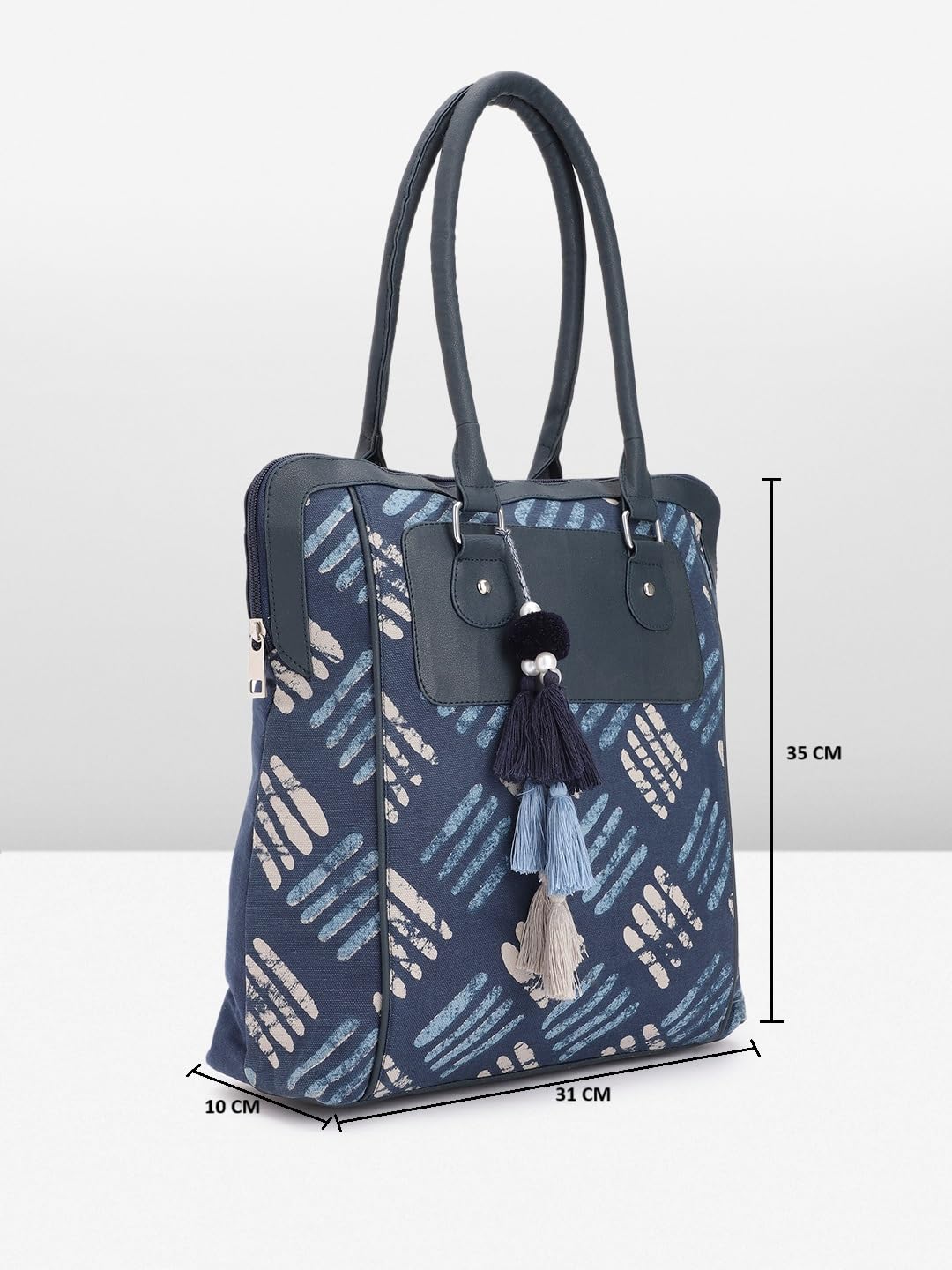 PRIMROSE Women's Navy Blue Tote Bag with Printed Pattern Tassels