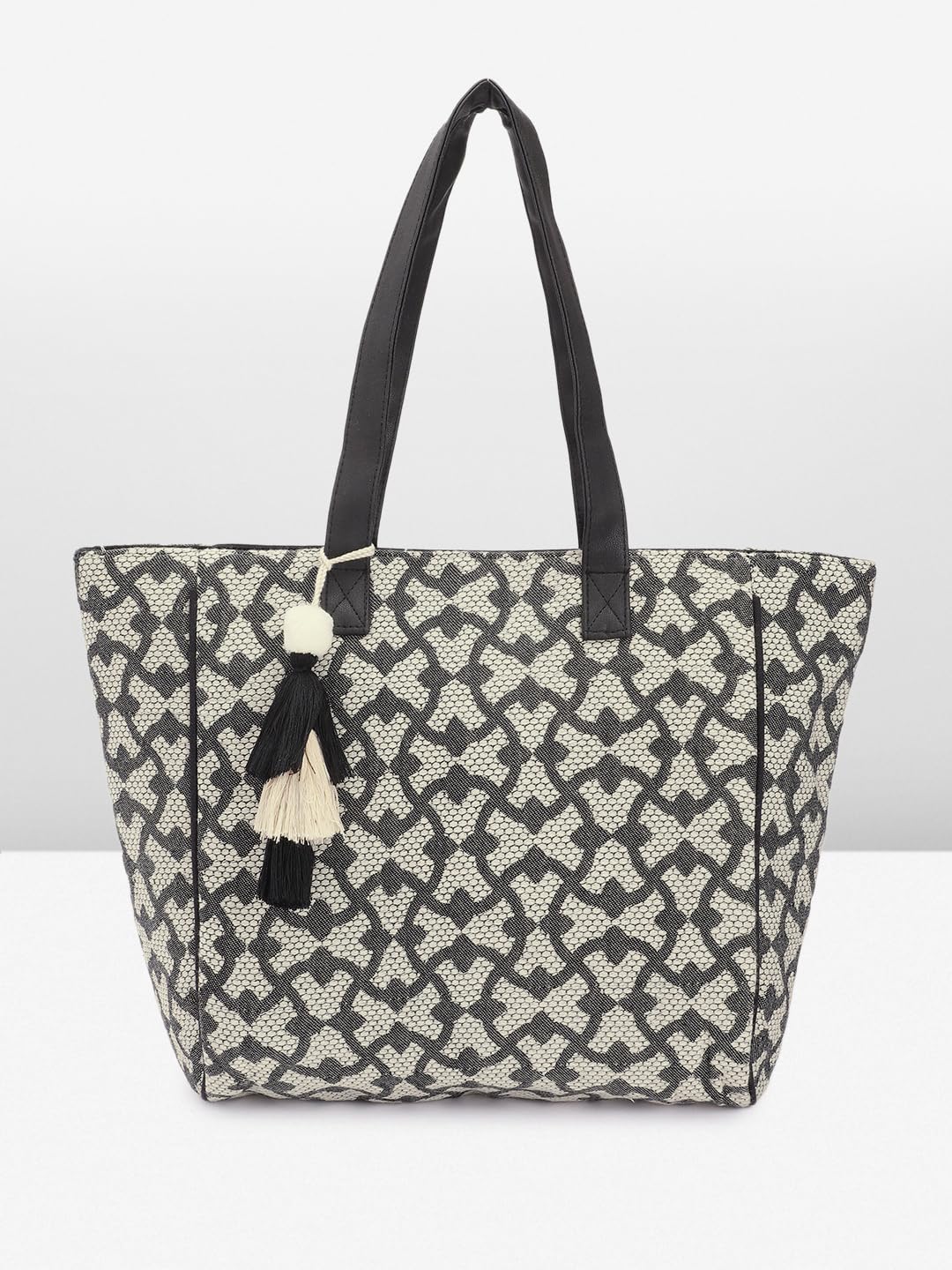 PRIMROSE Geometric Patterned Tote Bag with Tassels, Black and Beige