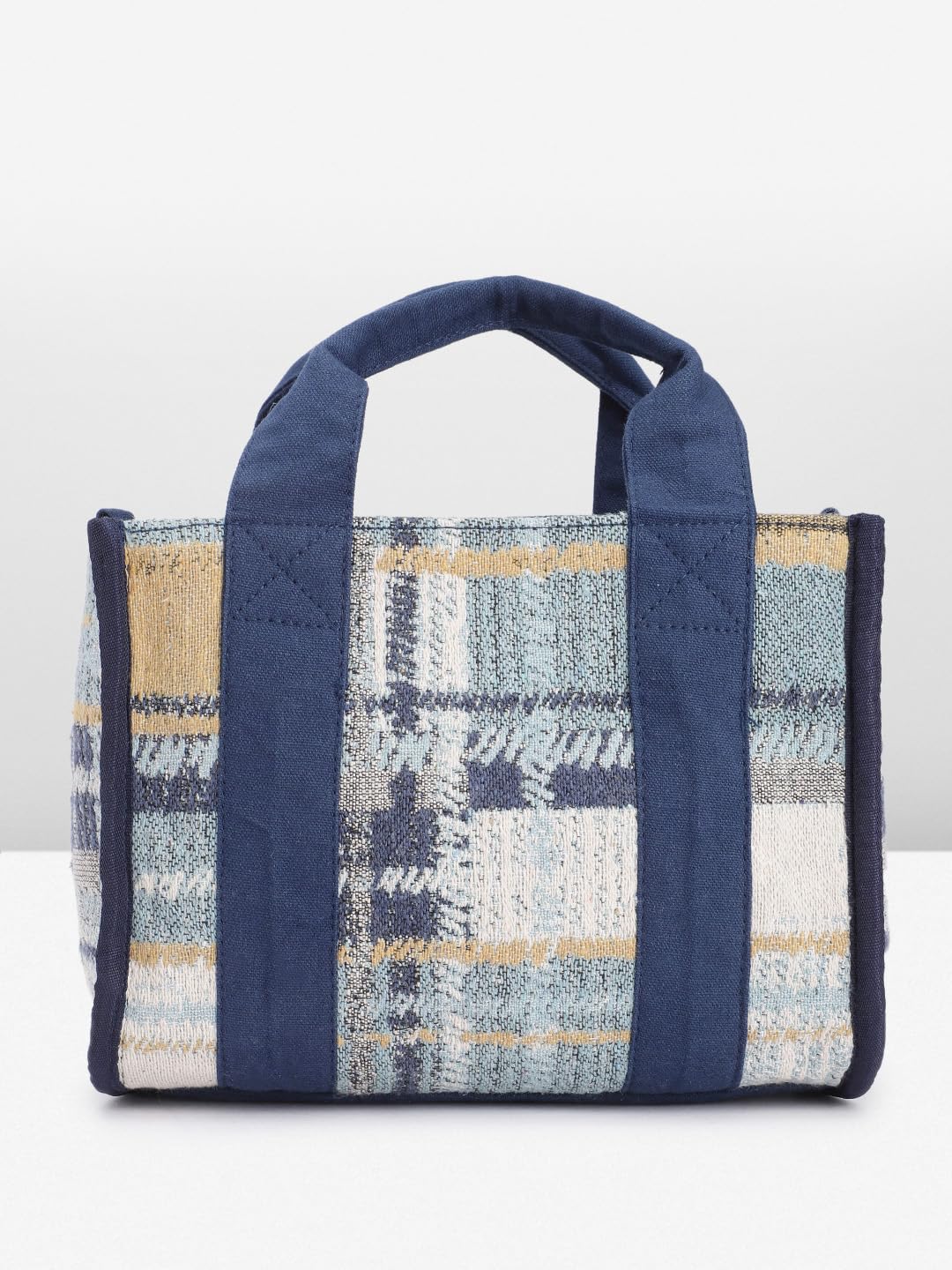 PRIMROSE Knitted Navy Blue Tote Bag with Patterned Front Panel Adjustable Strap