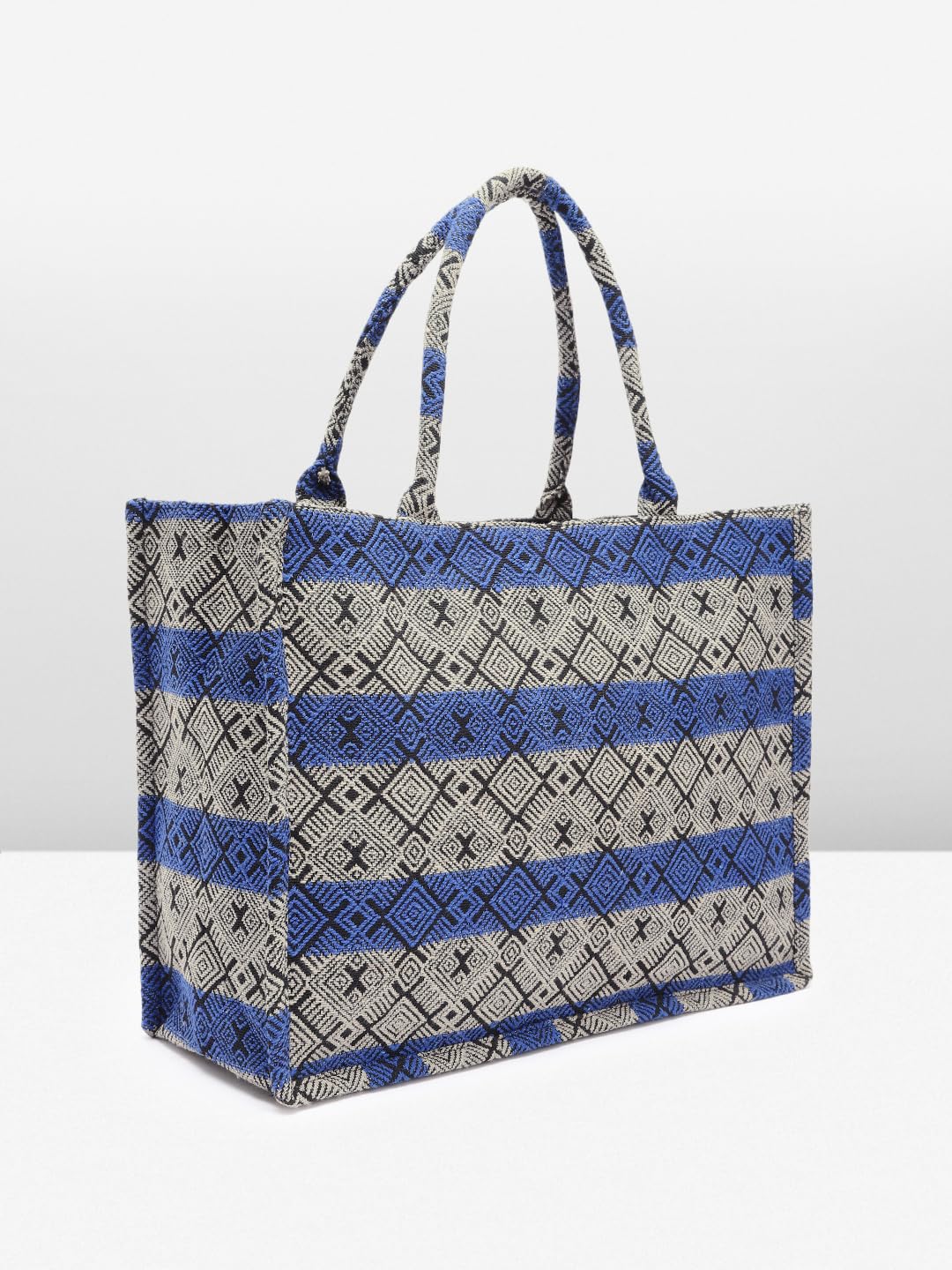 PRIMROSE Handwoven Geometric Pattern Tote Bag, Blue and Grey