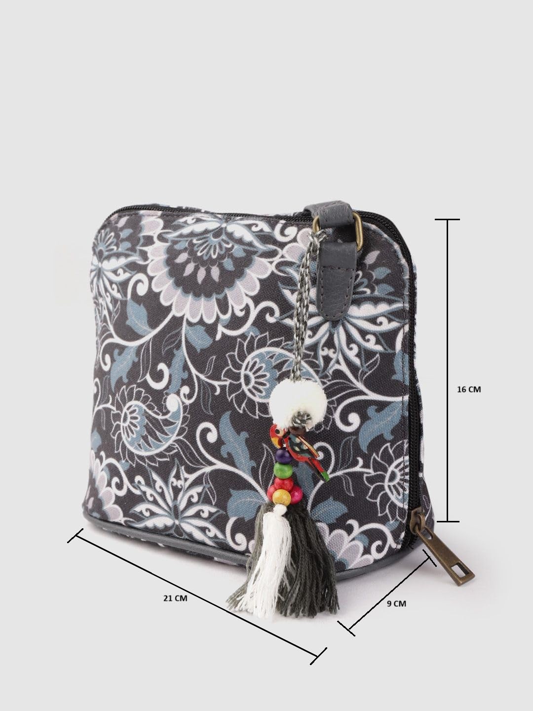 PRIMROSE Women Charcoal Grey & Blue Ethnic Motifs Print Sling Bag with Tasselled Detail