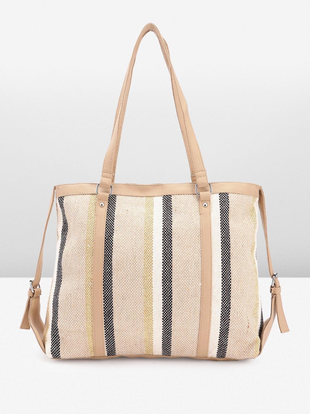 PRIMROSE Women's Beige and Black Striped Tote Bag with Dual Handles