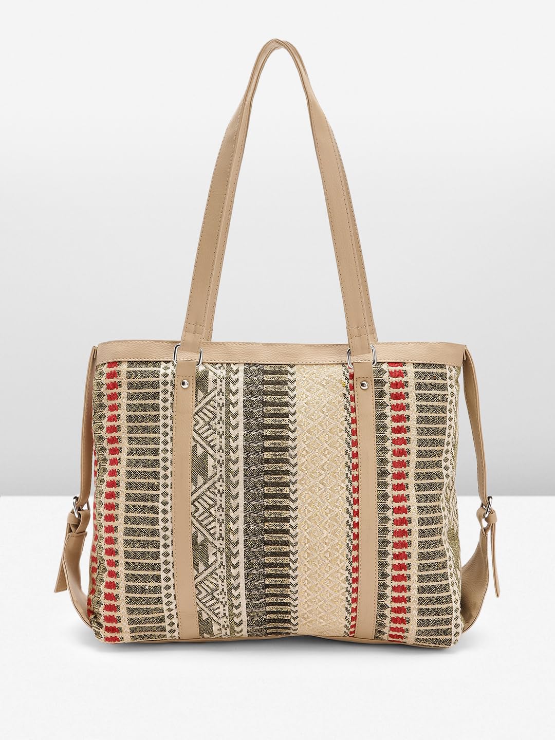 PRIMROSE Ethnic Jute Tote Bag with Geometric Patterns Beige