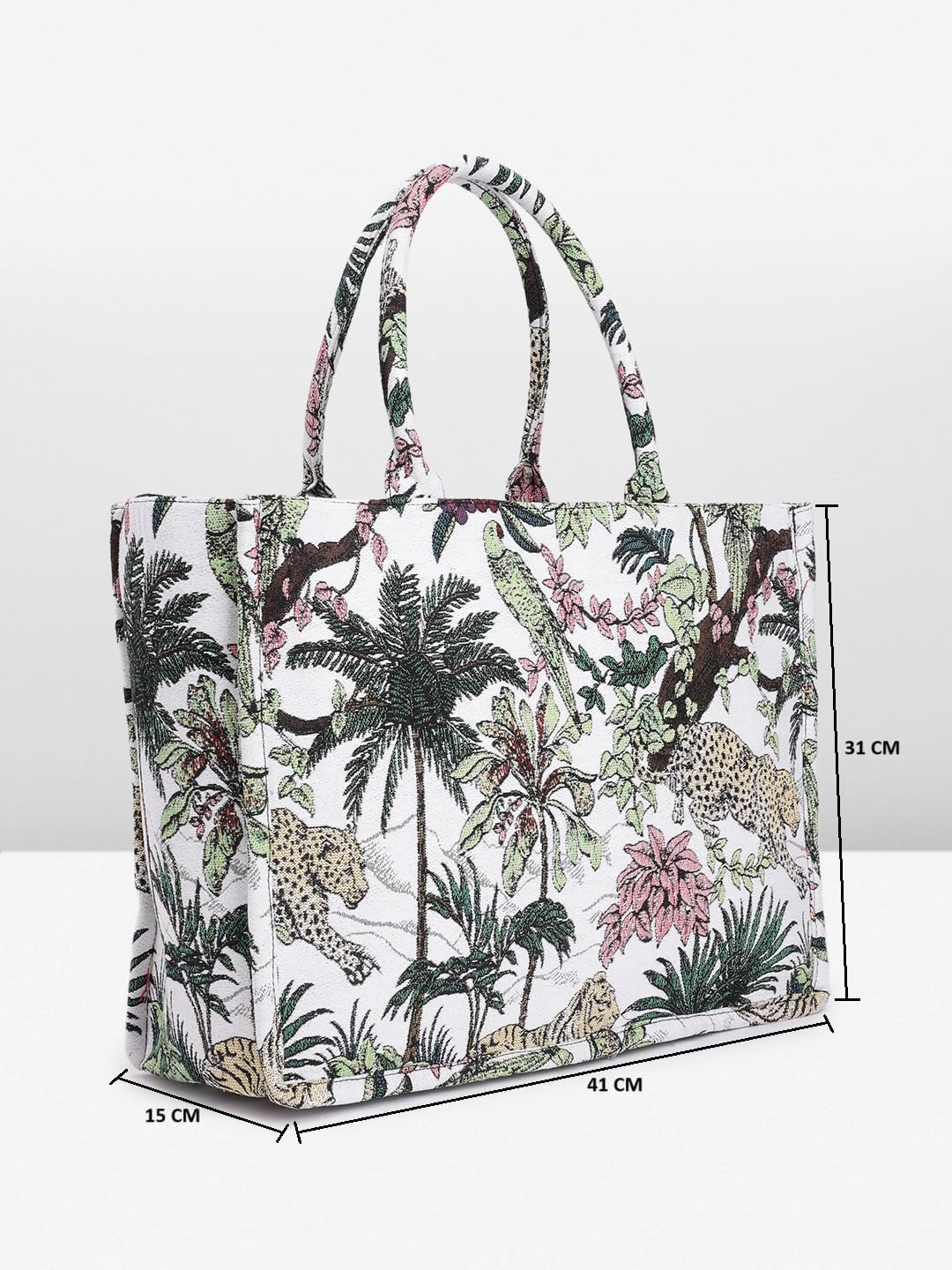 PRIMROSE Cotton Canvas Tropical Print Tote Bag with Palm Trees and Wildlife