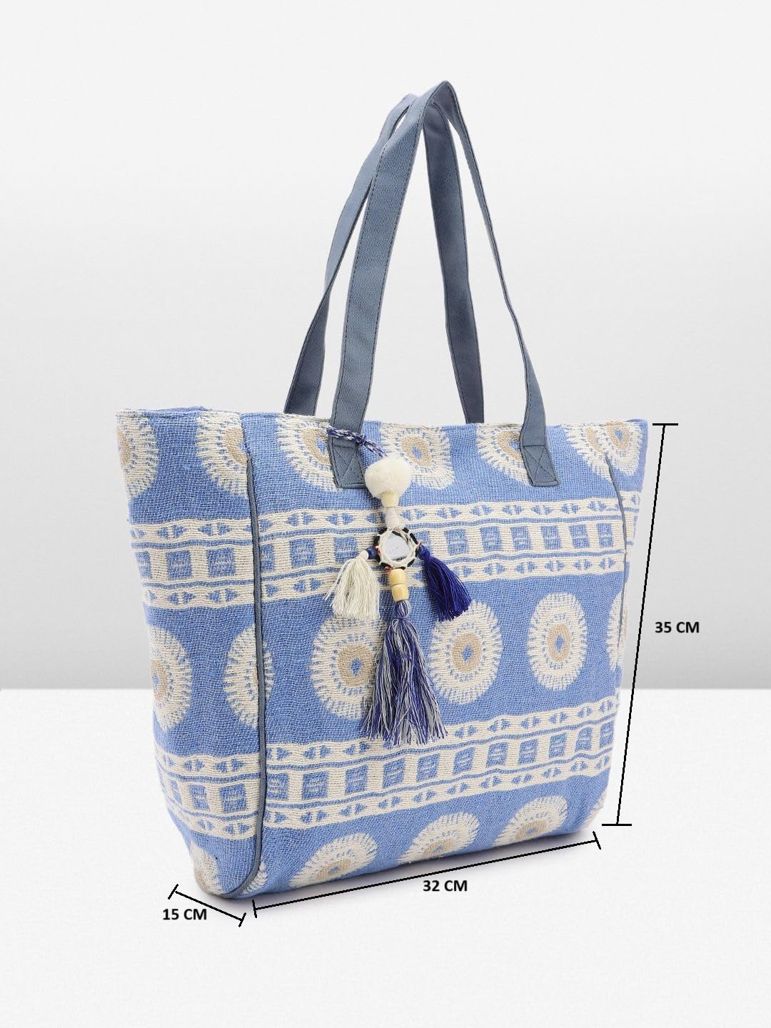 PRIMROSE Ethnic Motifs Printed Tasselled Oversized Shopper Tote Bag