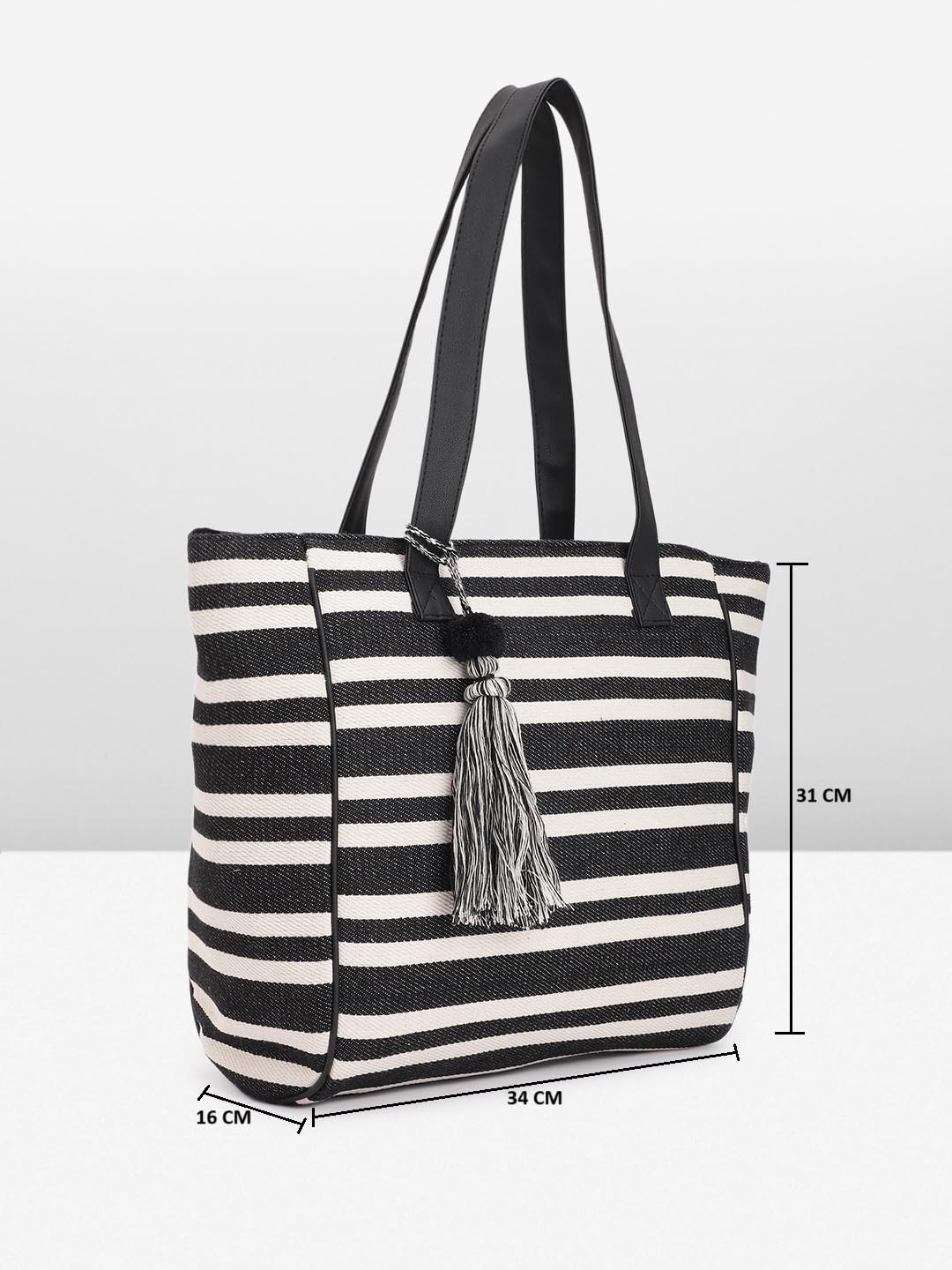 PRIMROSE Striped Canvas Tote Bag with Tassel Black and White