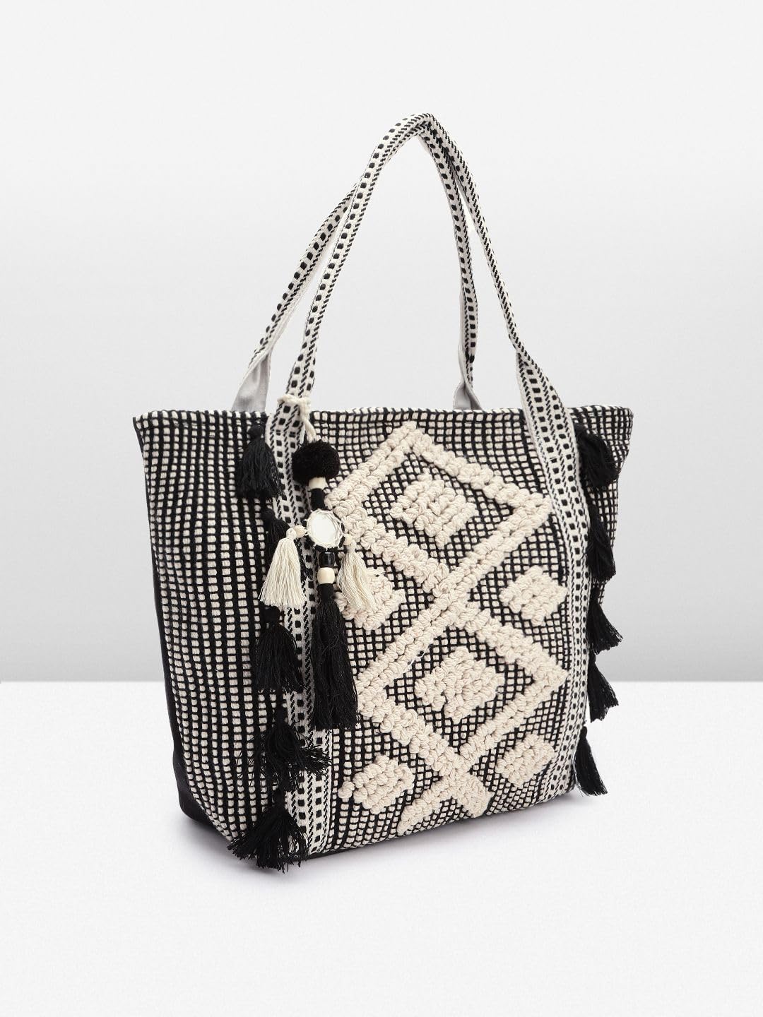 PRIMROSE Women's Handcrafted Crochet Tote Bag with Tassel Accents Black and White Geometric Pattern