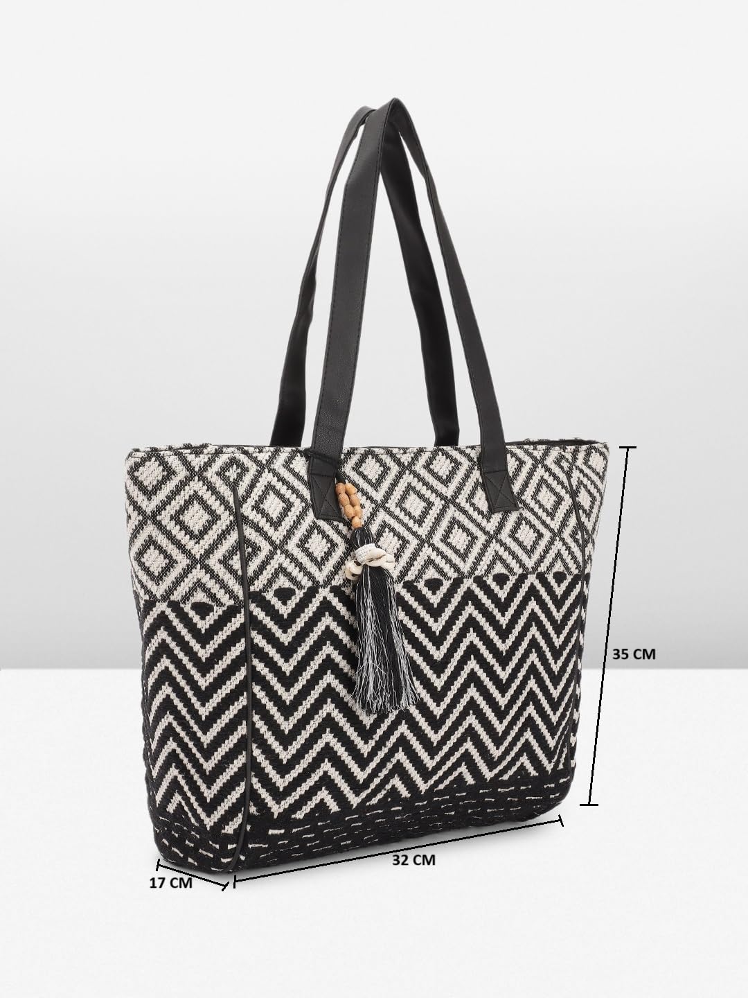 PRIMROSE Chevron Pattern Tote Bag with Tassel Accent Black