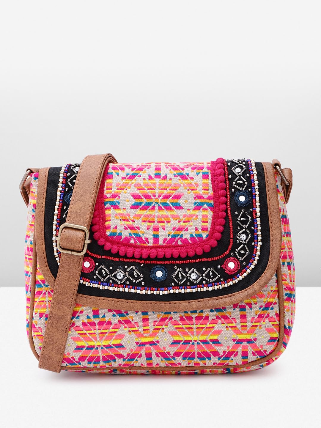 PRIMROSE Ethnic Embroidered Sling Bag with Pom Poms Multicolour