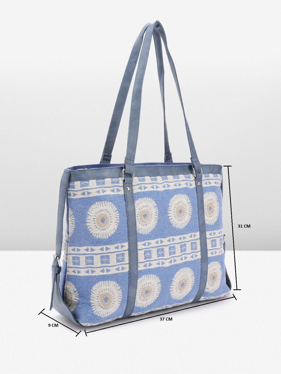 PRIMROSE Stylish Tote Bag with Geometric Pattern Blue and Beige