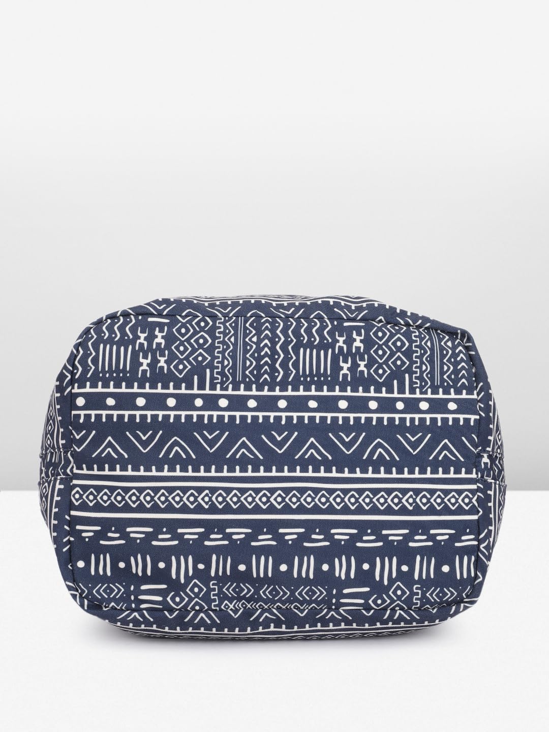 PRIMROSE Printed Tote Bag with Tassel Accent Navy Blue and White Tribal Pattern