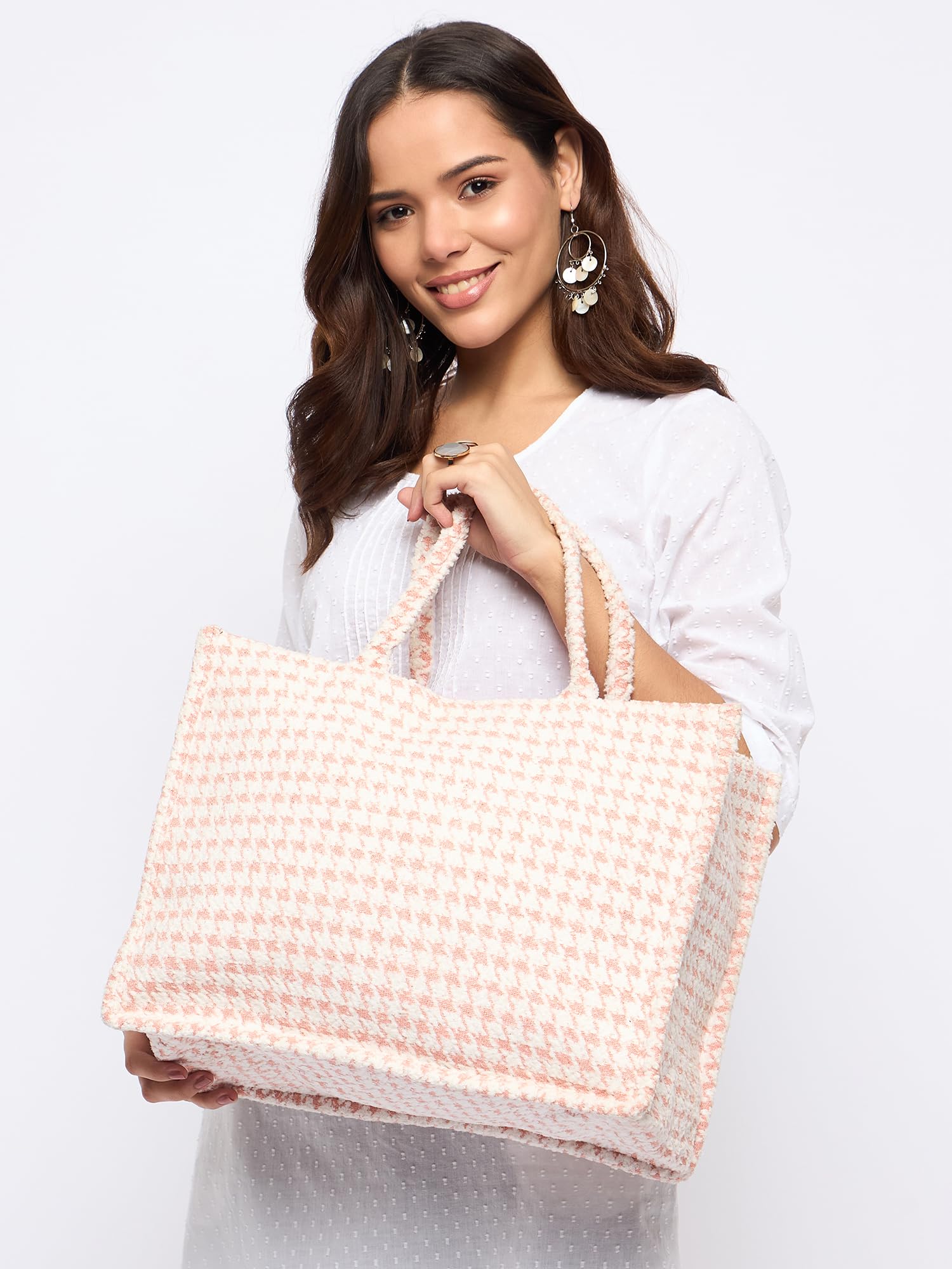 PRIMROSE Cotton Houndstooth Print Tote Bag for Women, Beige and Light Pink